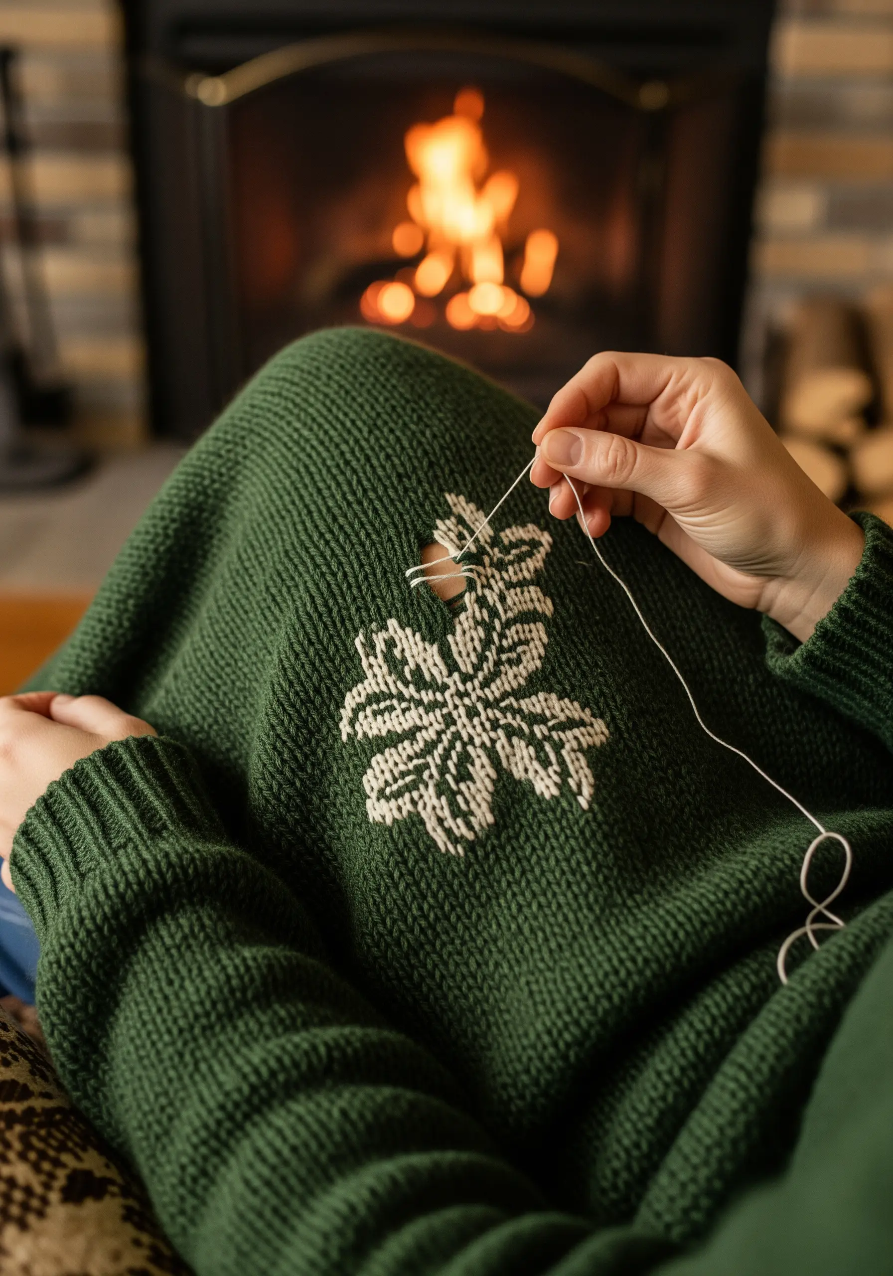 Mending a hole in a dark green knit sweater with a decorative white embroidered snowflake pattern.