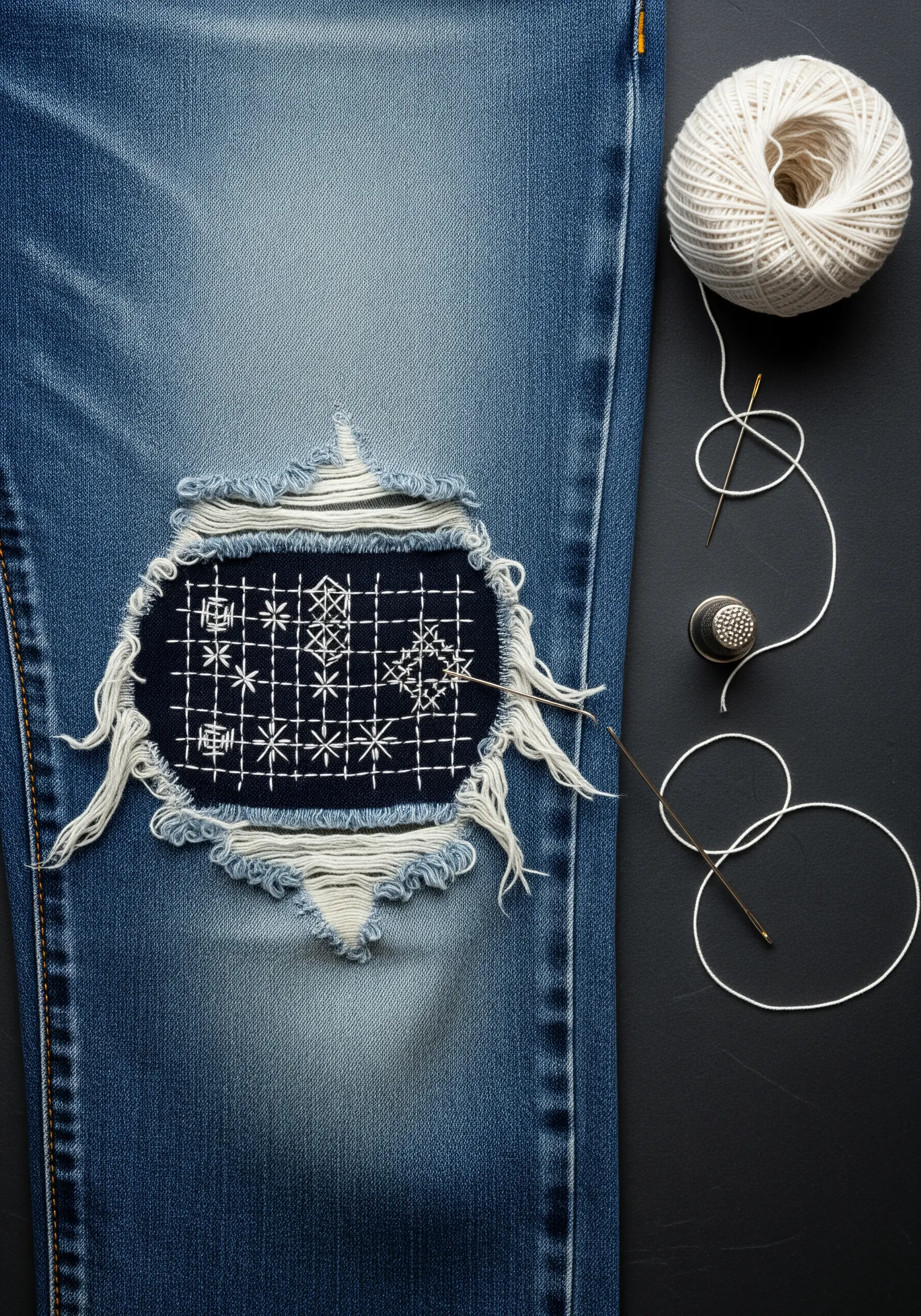 Visible mending on a pair of jeans using Japanese Sashiko stitching in white thread.