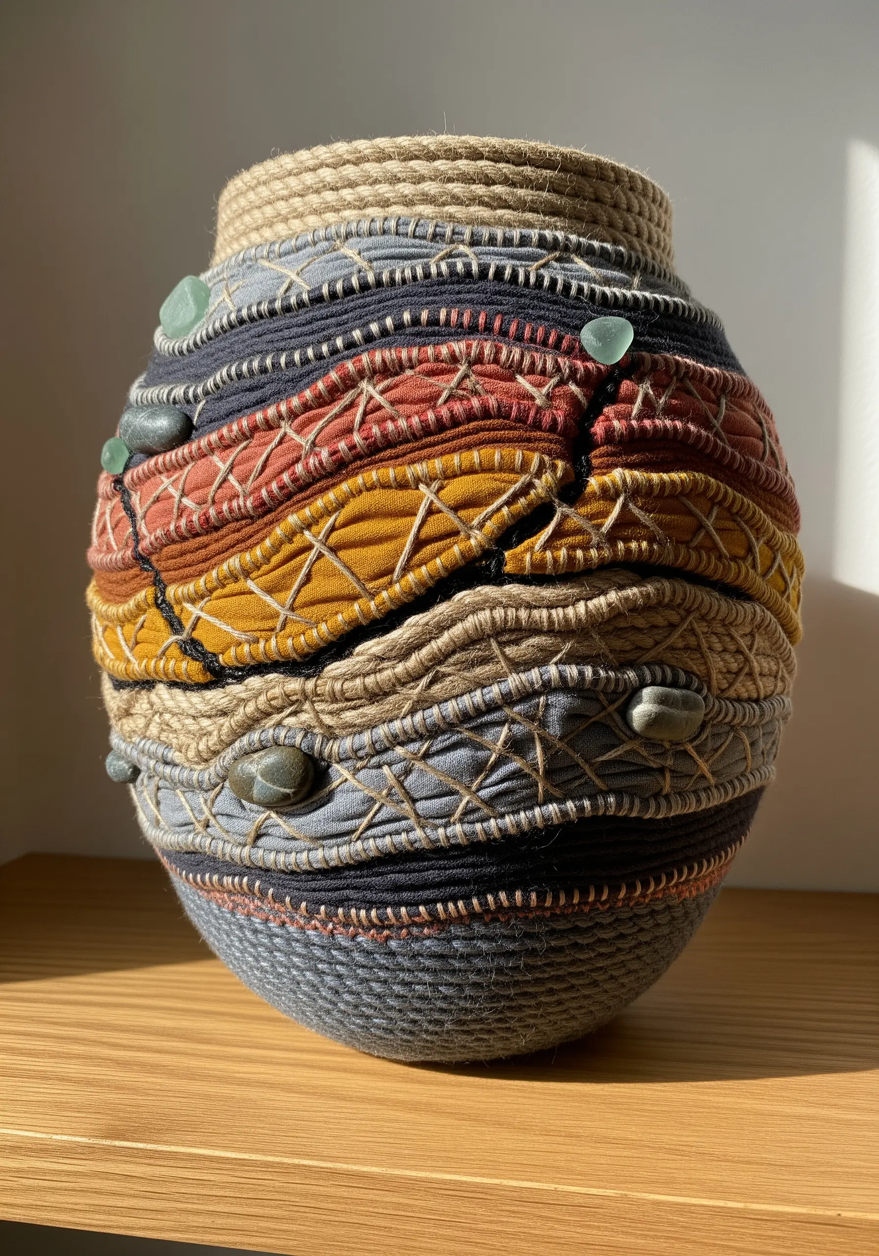 A vase wrapped in colorful fabric strips and secured with decorative cross-stitching.