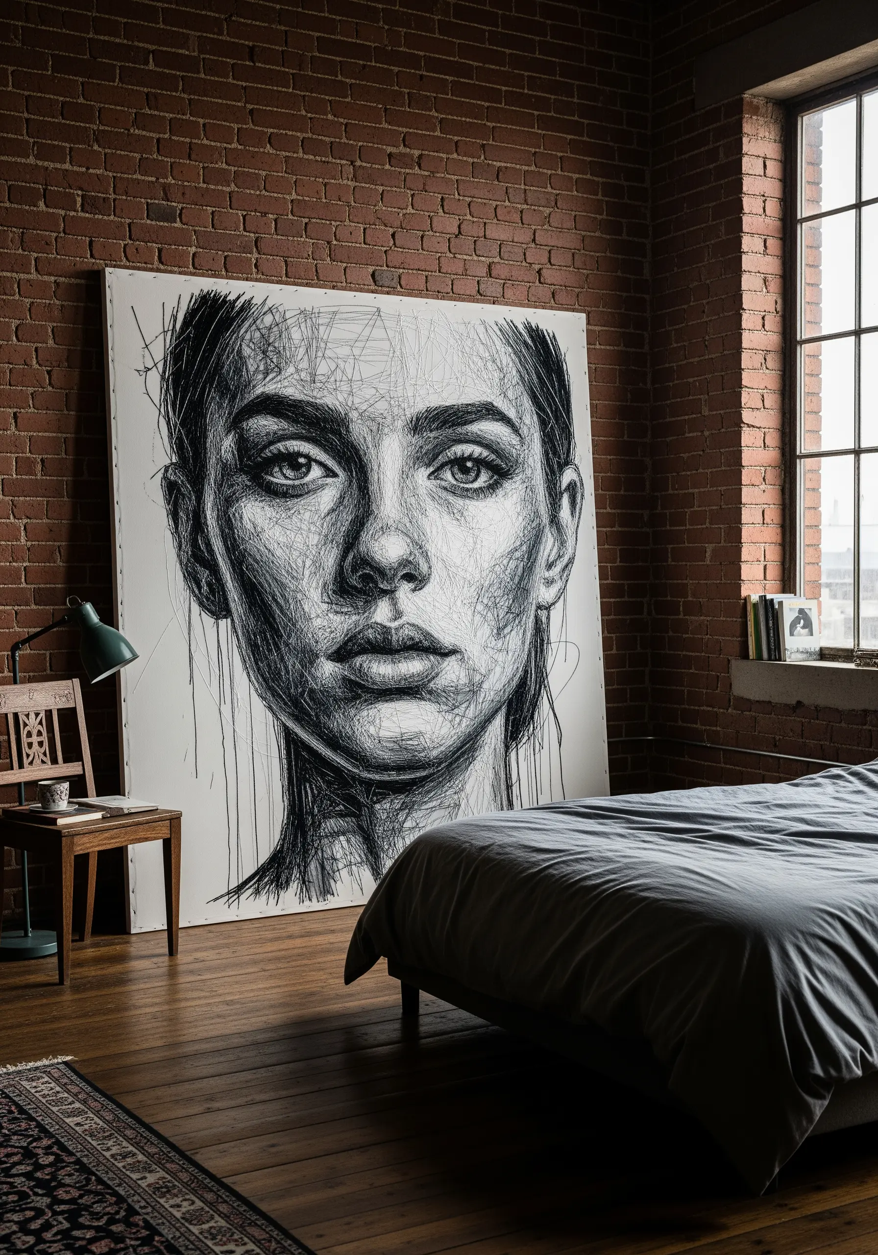 Large-scale free-motion embroidered portrait with a dense, sketch-like quality.