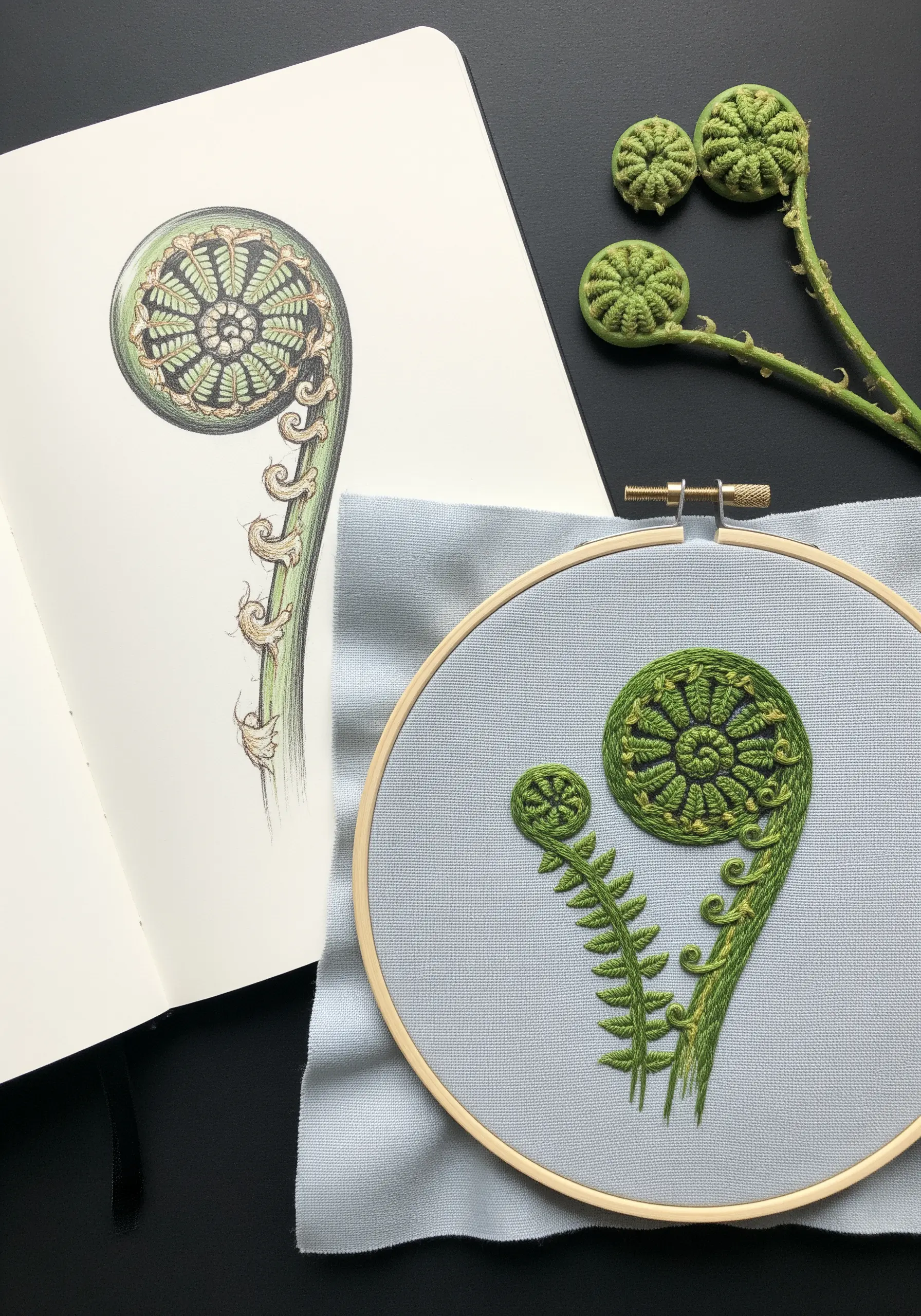 An embroidered fiddlehead fern next to its detailed botanical illustration in a sketchbook.
