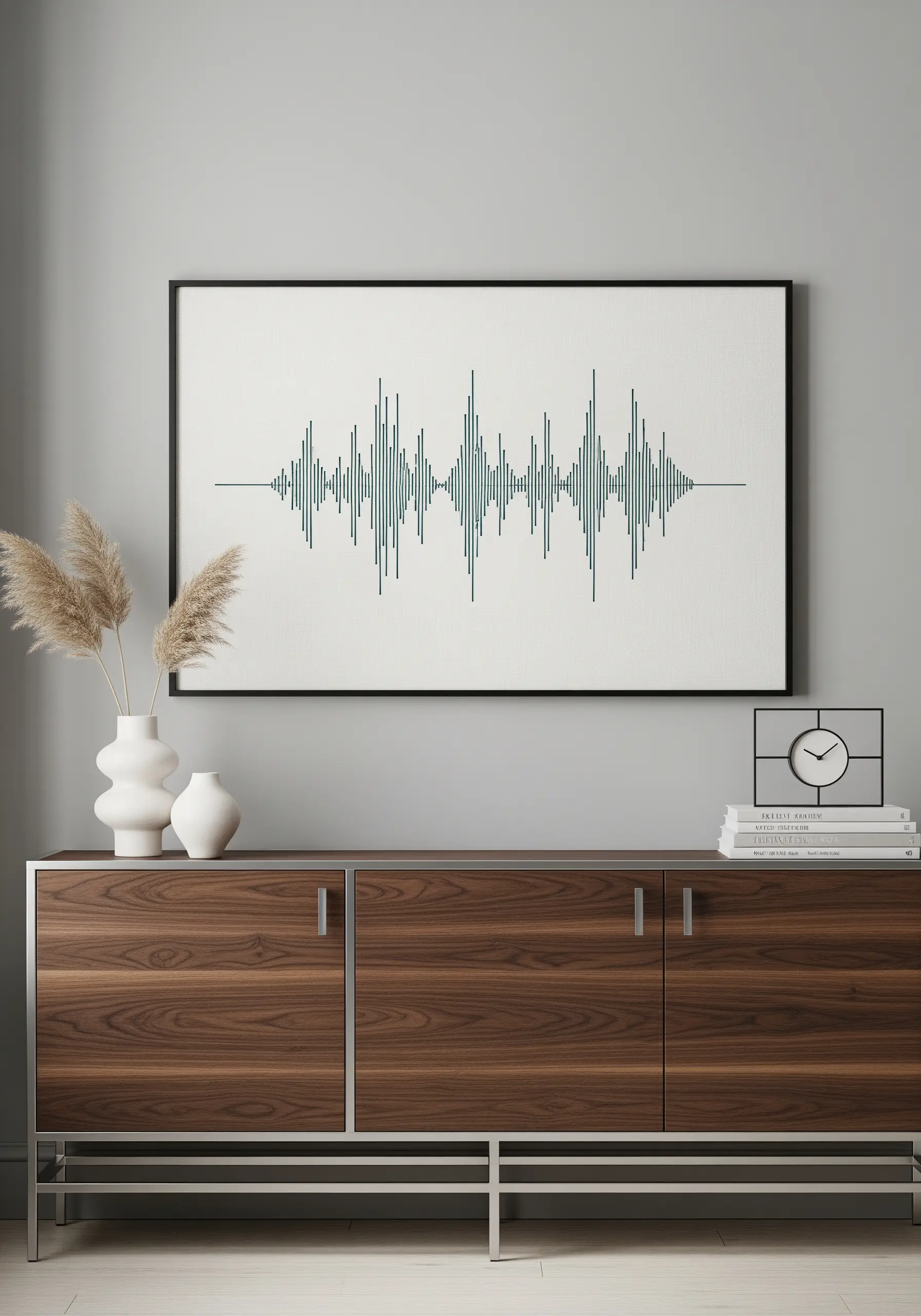 Large framed embroidery of a sound wave in teal thread on a white canvas.