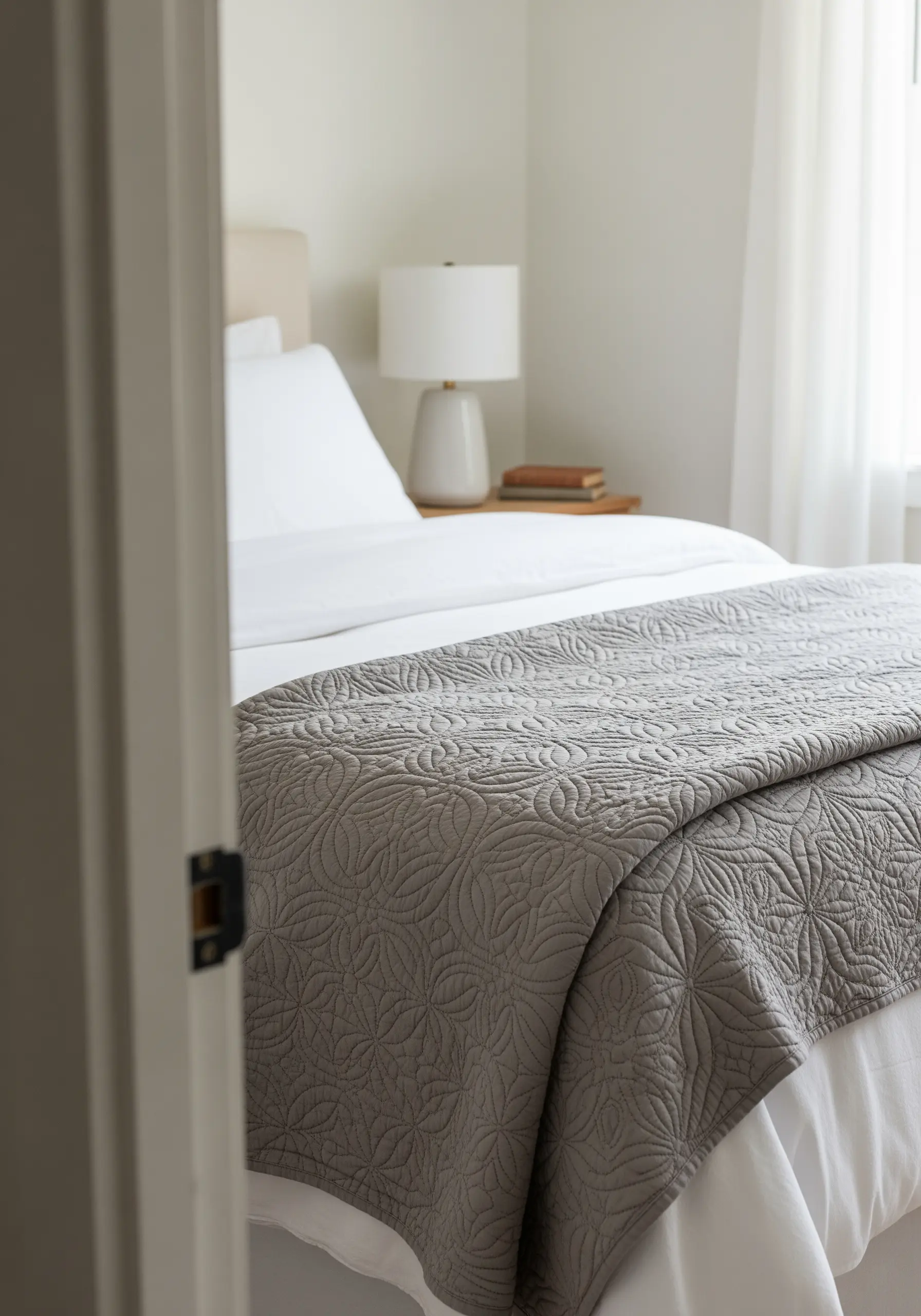 A close-up of a grey quilted bedspread with a repeating, stitched floral mandala pattern.