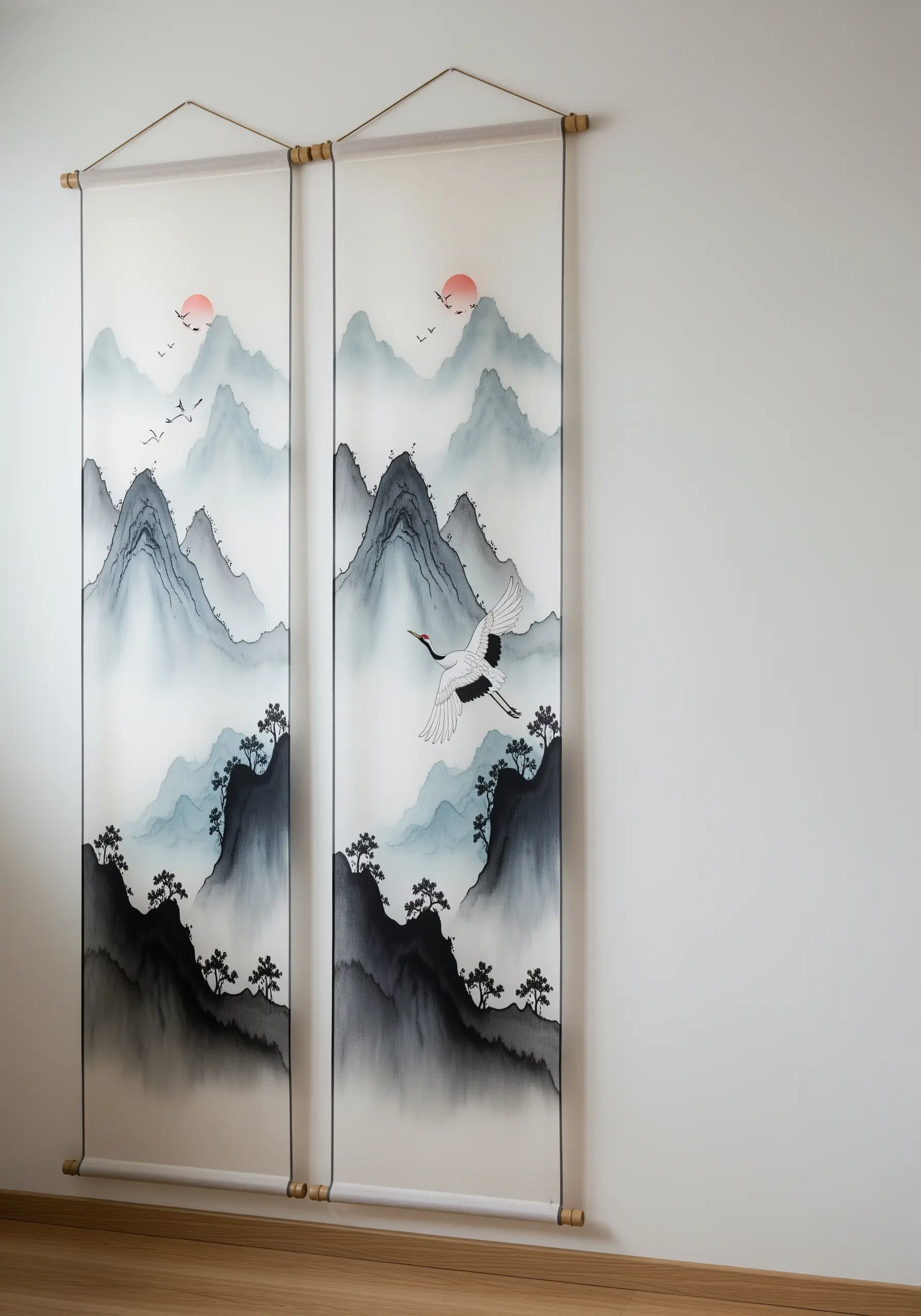 Two vertical silk scrolls painted in an ink wash style, depicting misty mountains and a crane.