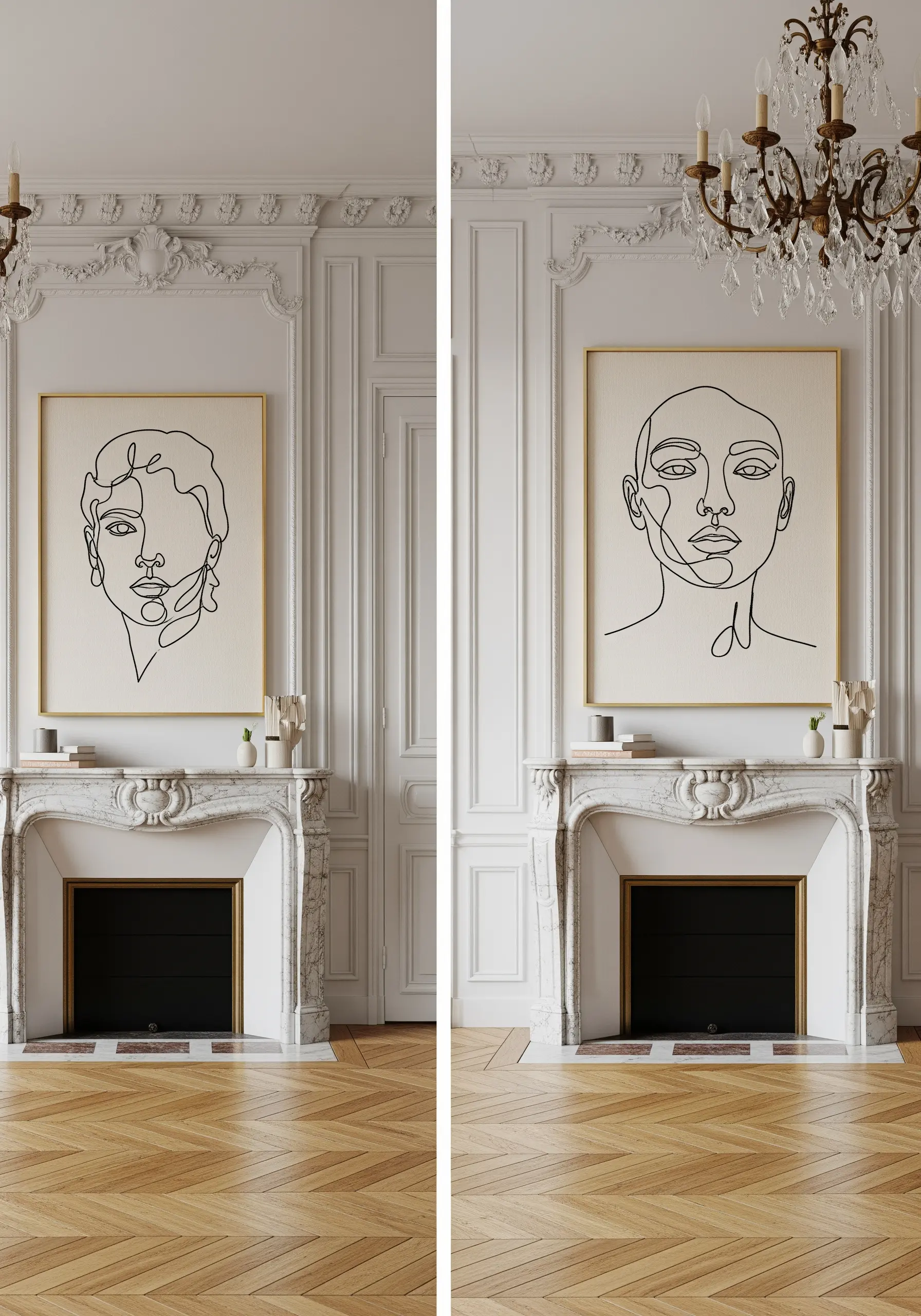 Two large, framed line-art portraits embroidered in black thread on canvas over a fireplace.