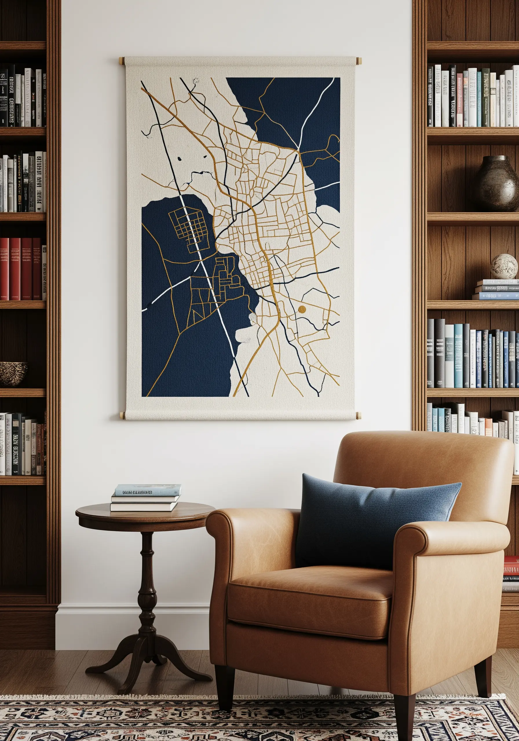 A wall hanging with an embroidered minimalist map in navy, gold, and white.
