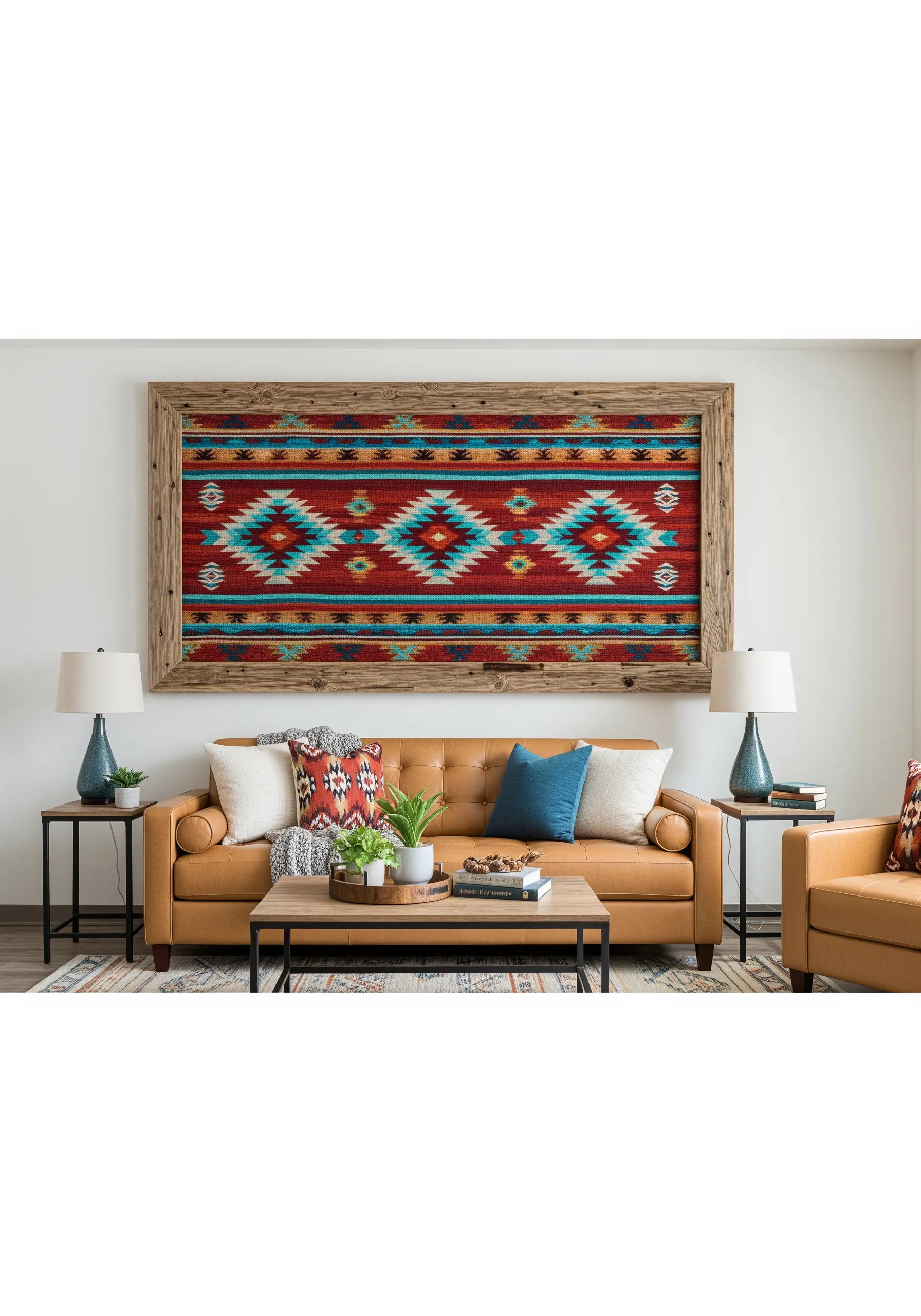 Large framed embroidery replicating a colorful Southwestern-style woven rug pattern.
