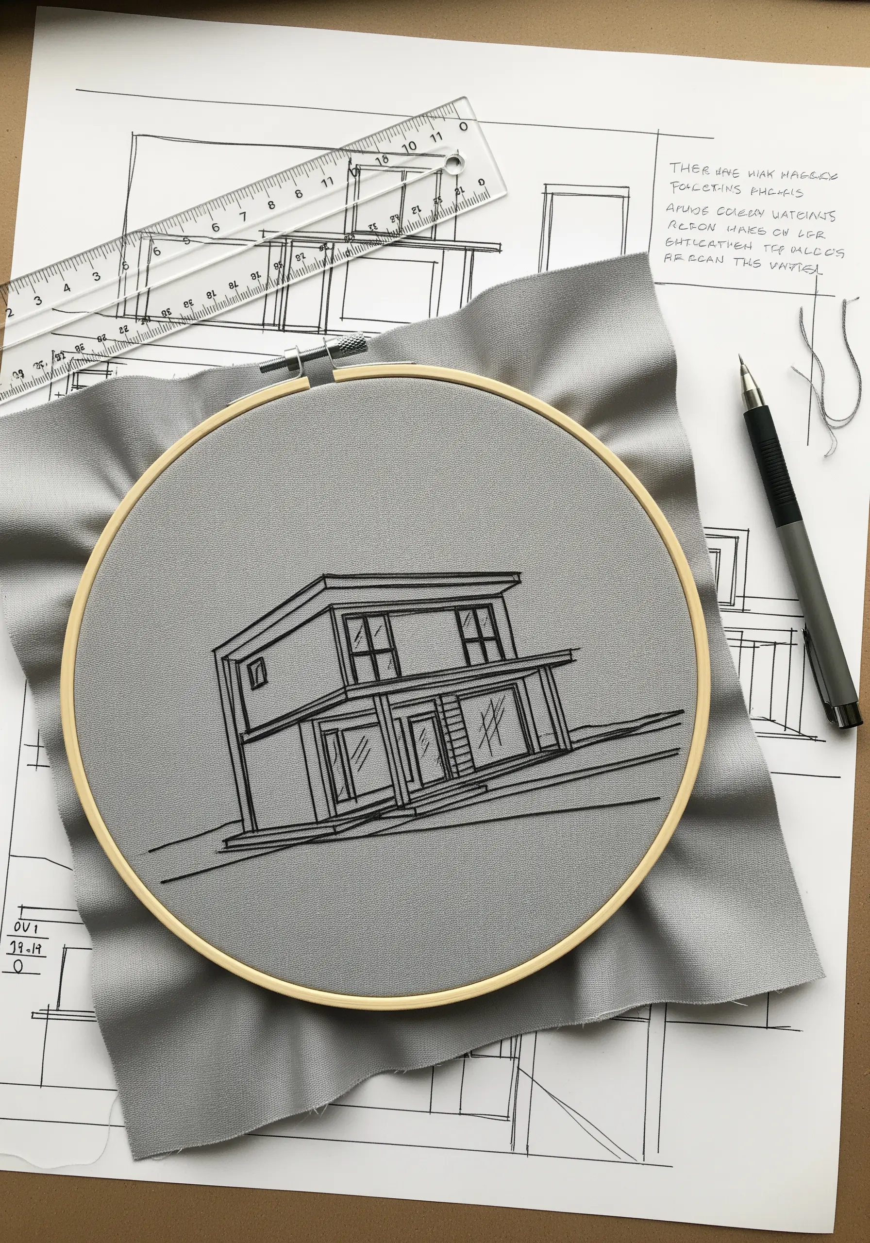 Minimalist architectural embroidery of a modern house in black thread on grey fabric.