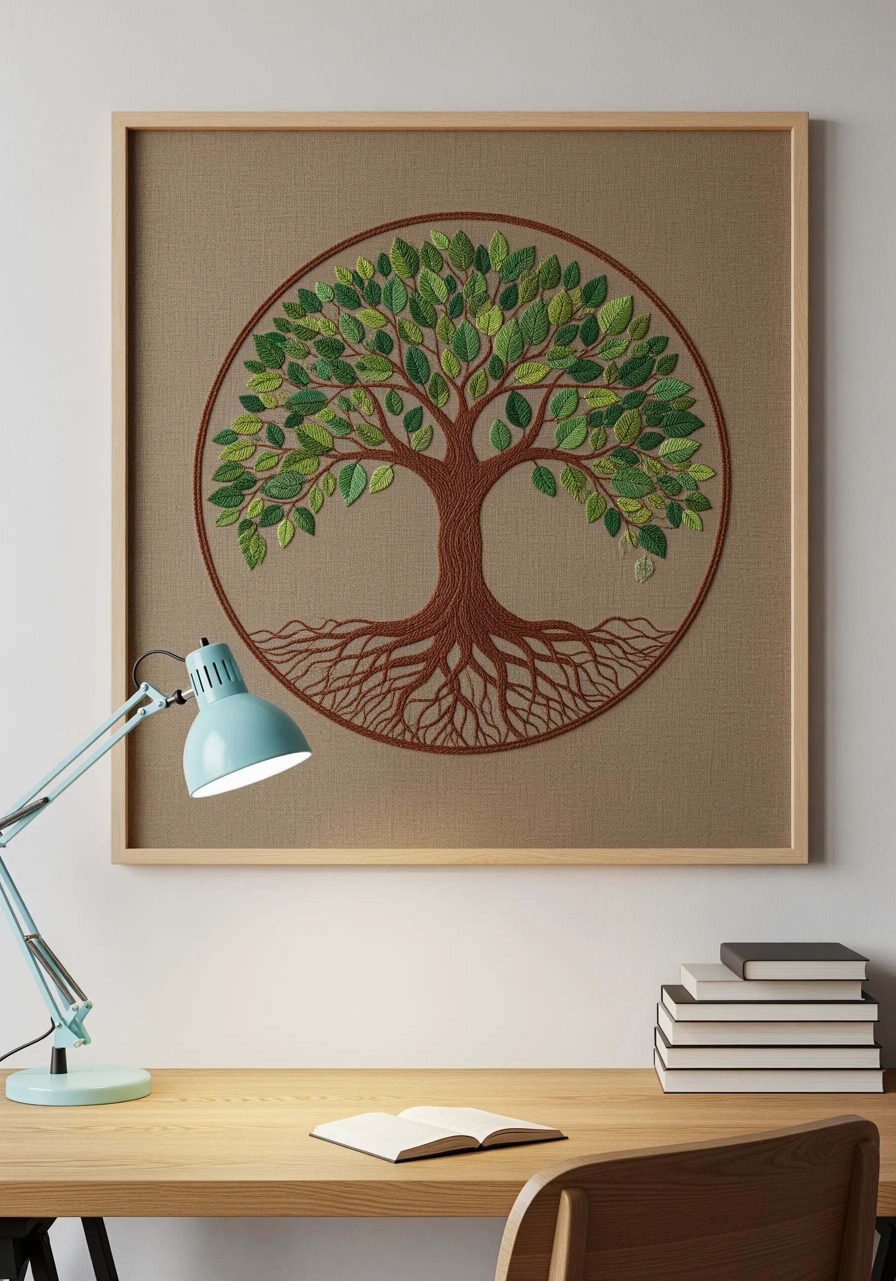 A framed Tree of Life mandala with detailed roots, a textured trunk, and satin-stitched leaves.