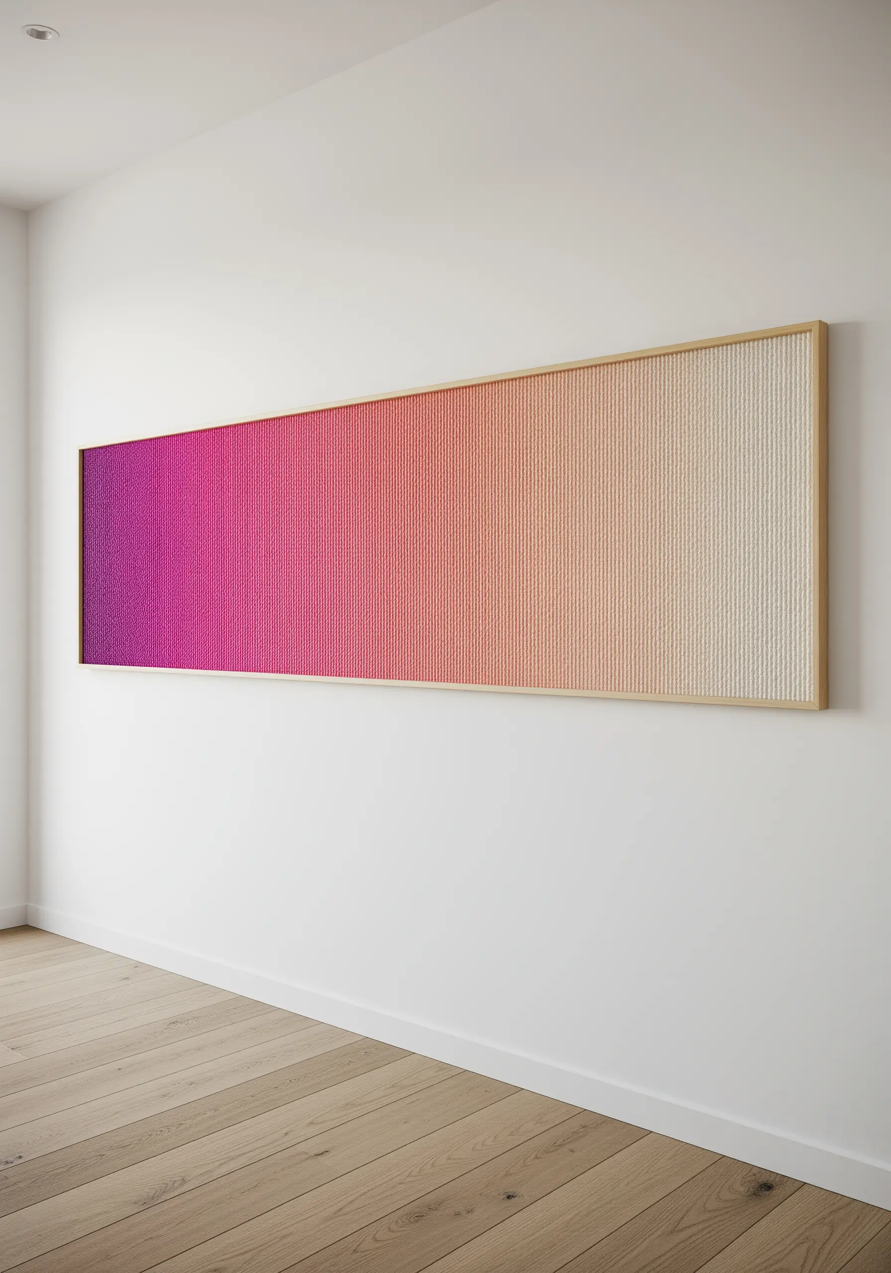 A long, rectangular framed artwork showing a perfect color gradient from purple to cream.