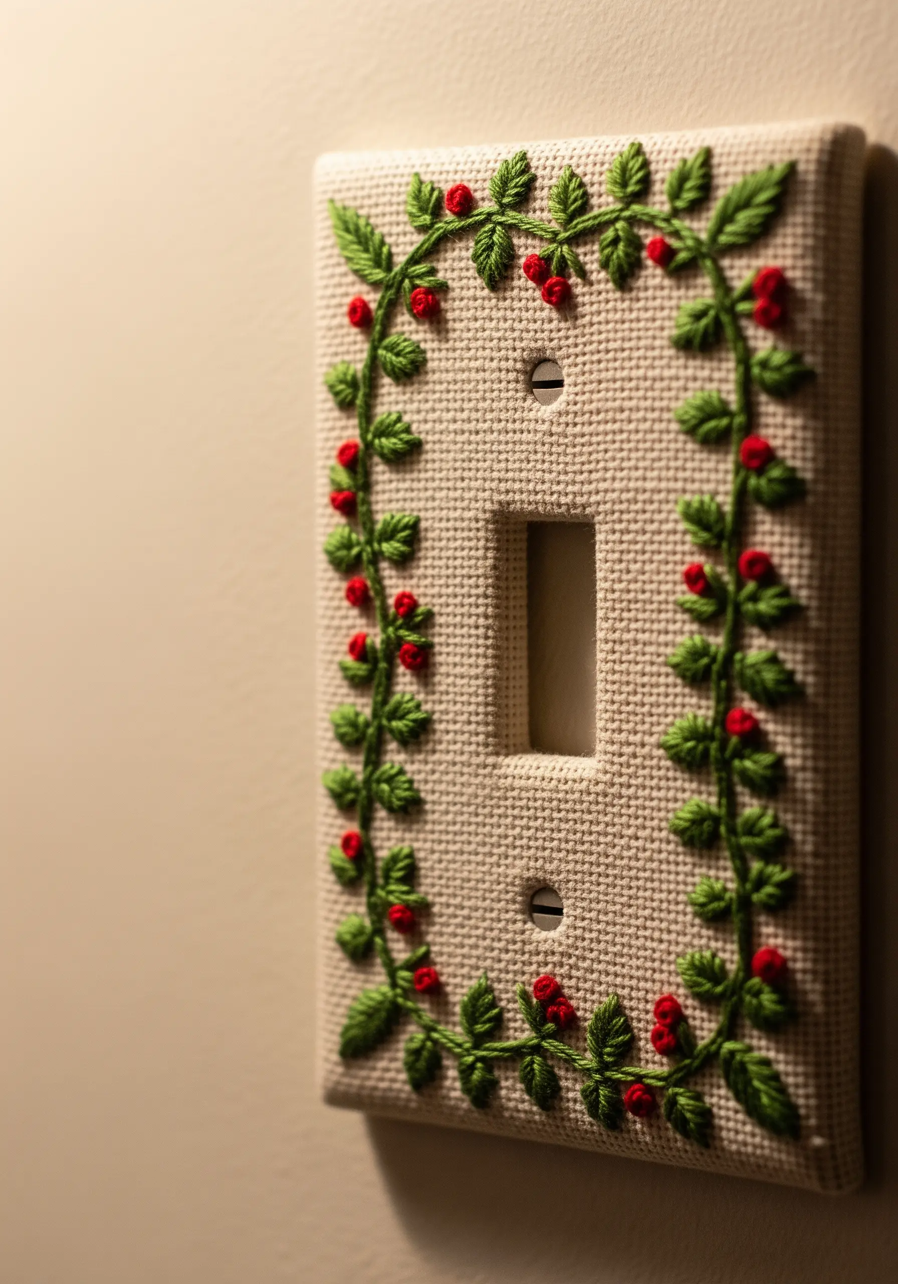 A light switch cover wrapped in fabric and embroidered with a green leafy wreath and red berries.