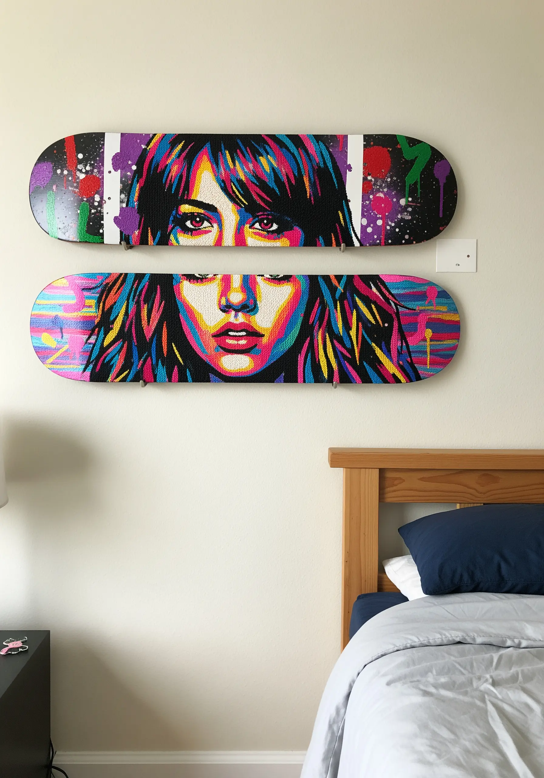 Two skateboards mounted on a wall, decorated with vibrant, detailed cross-stitch portraits.
