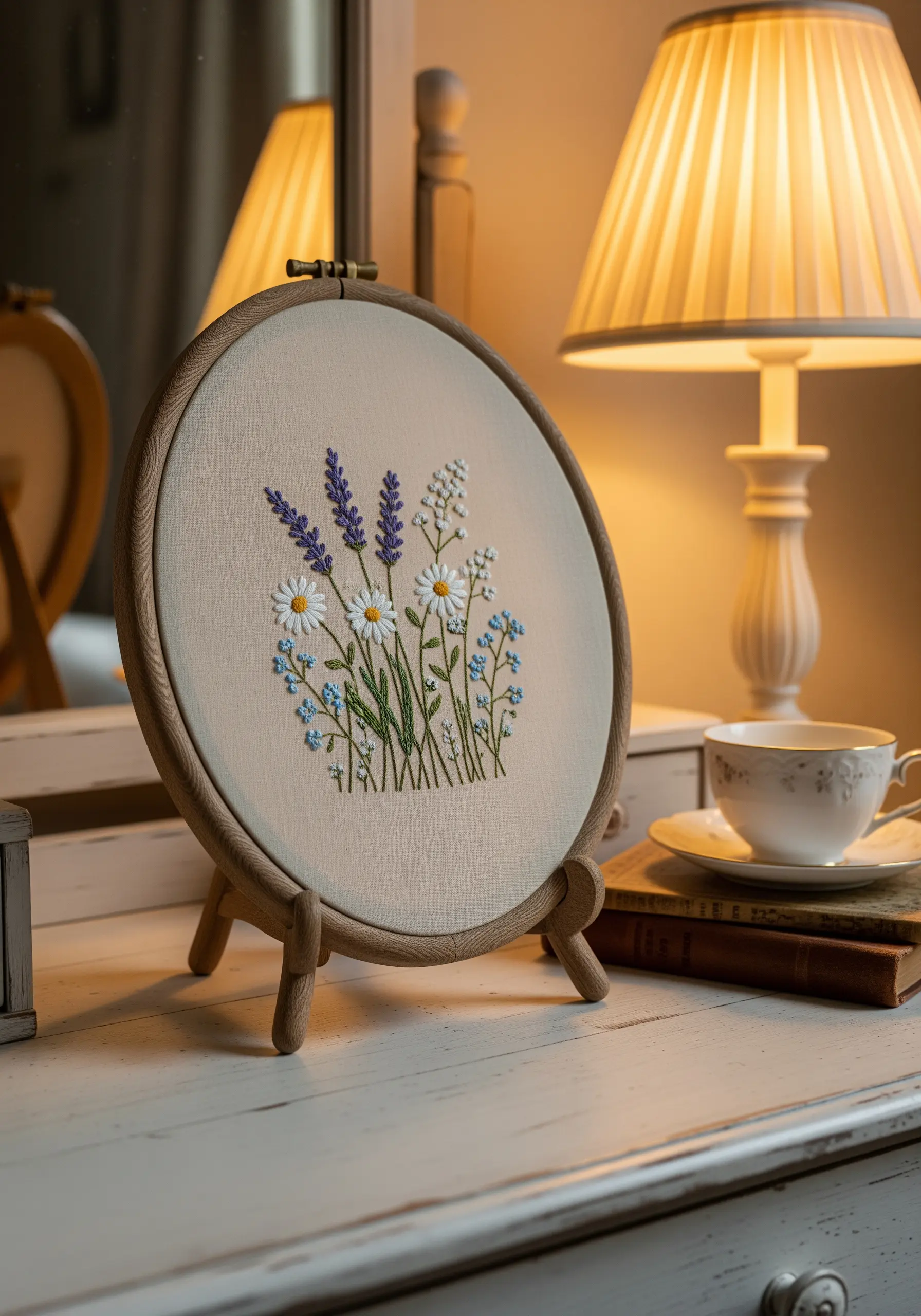 A wildflower bouquet embroidered in a hoop, displayed on a small wooden easel on a dresser.