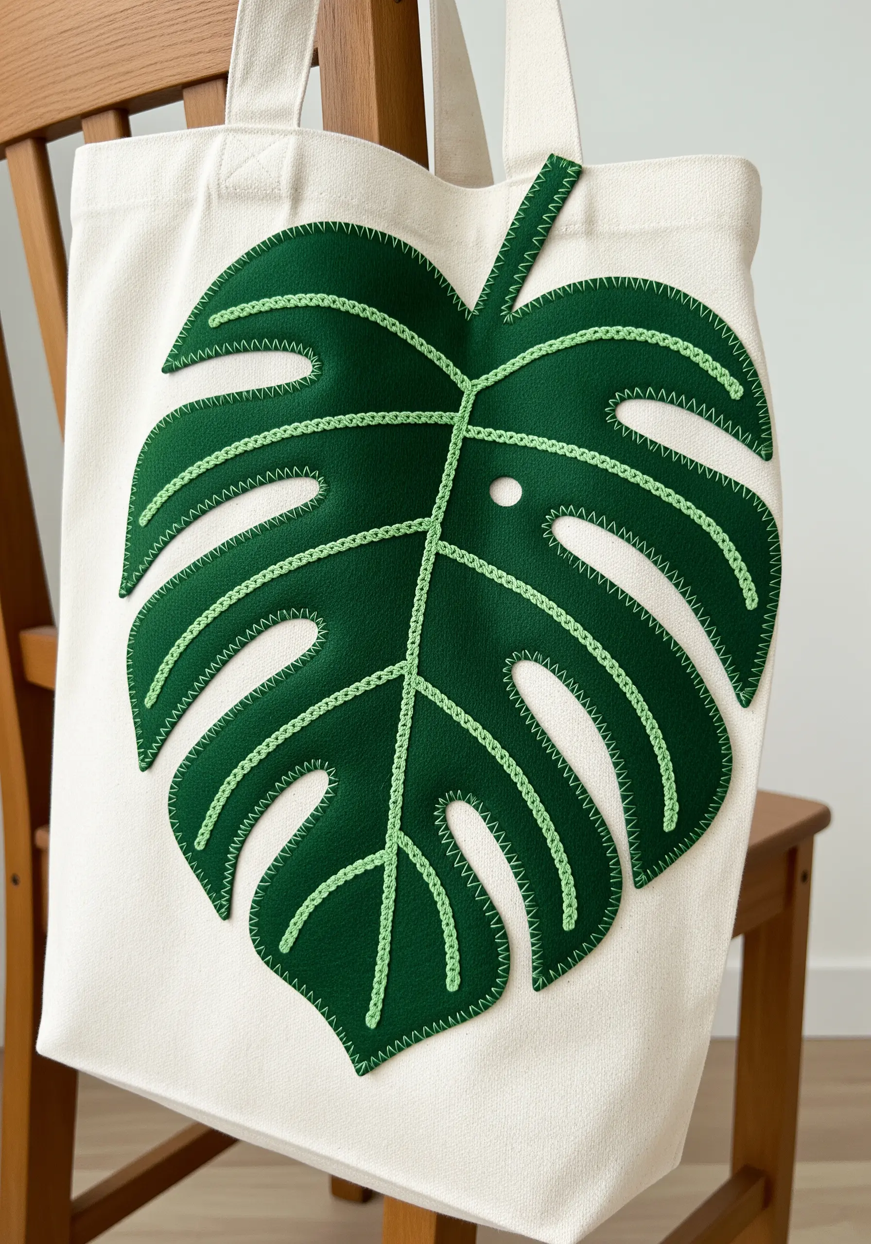 A canvas tote bag with a large, dark green felt monstera leaf appliqué stitched on with light green thread.