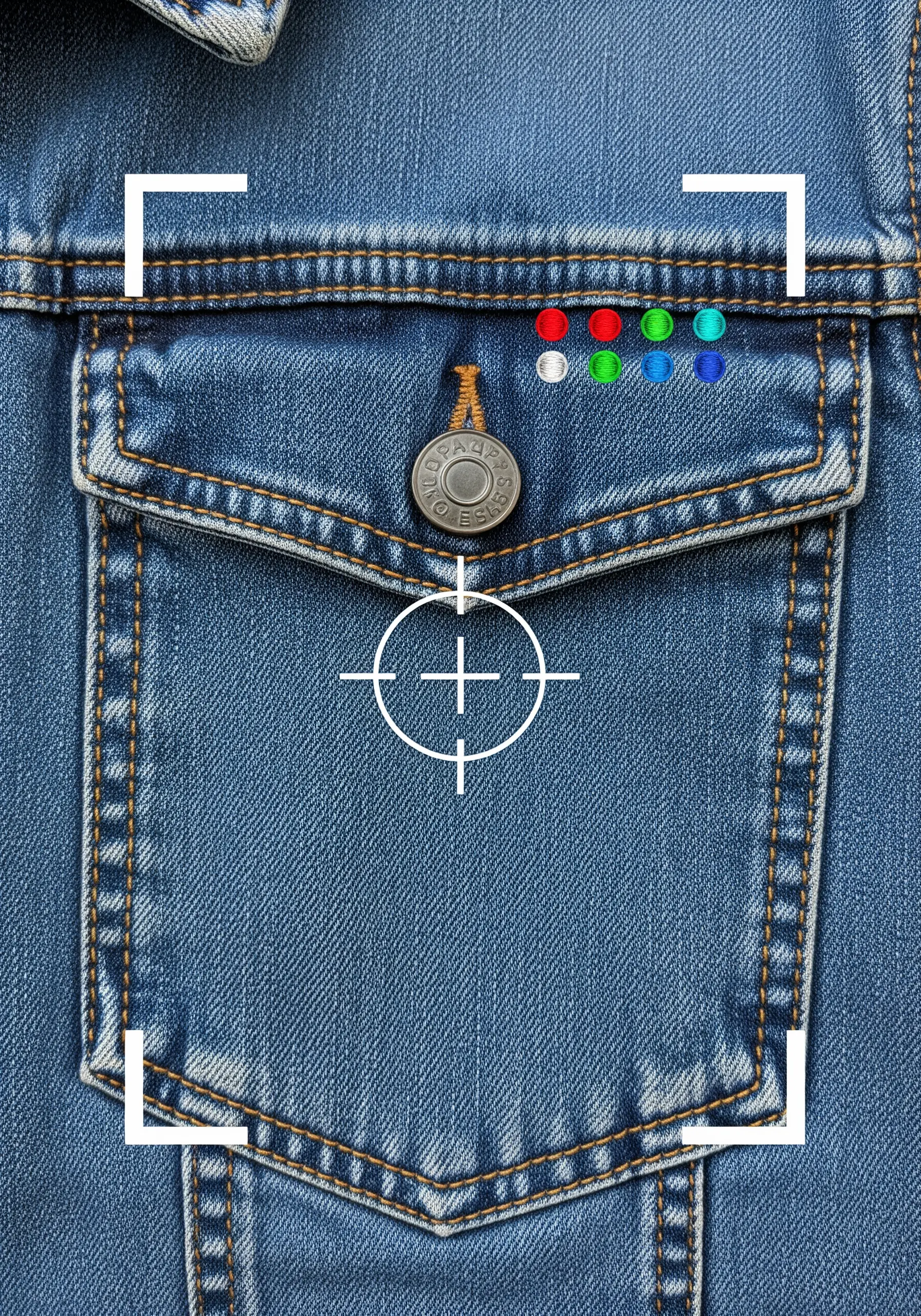 A white embroidered focus reticle and colored dots on the pocket of a denim jacket.