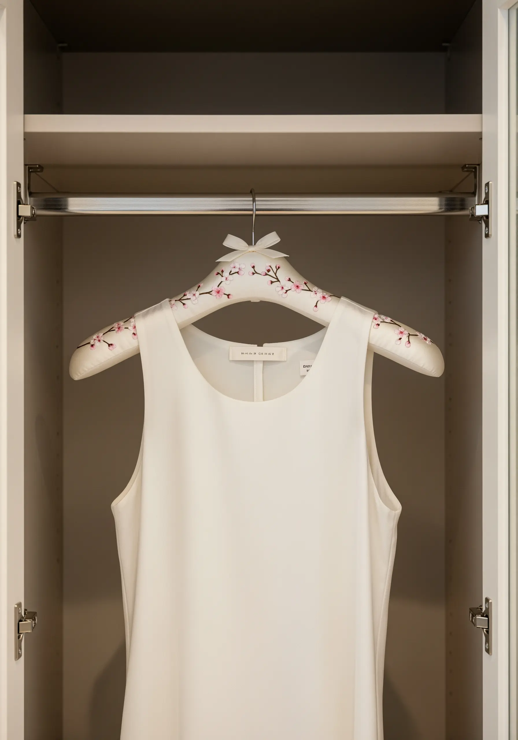 Pink and white cherry blossoms embroidered along the curve of a padded clothes hanger.