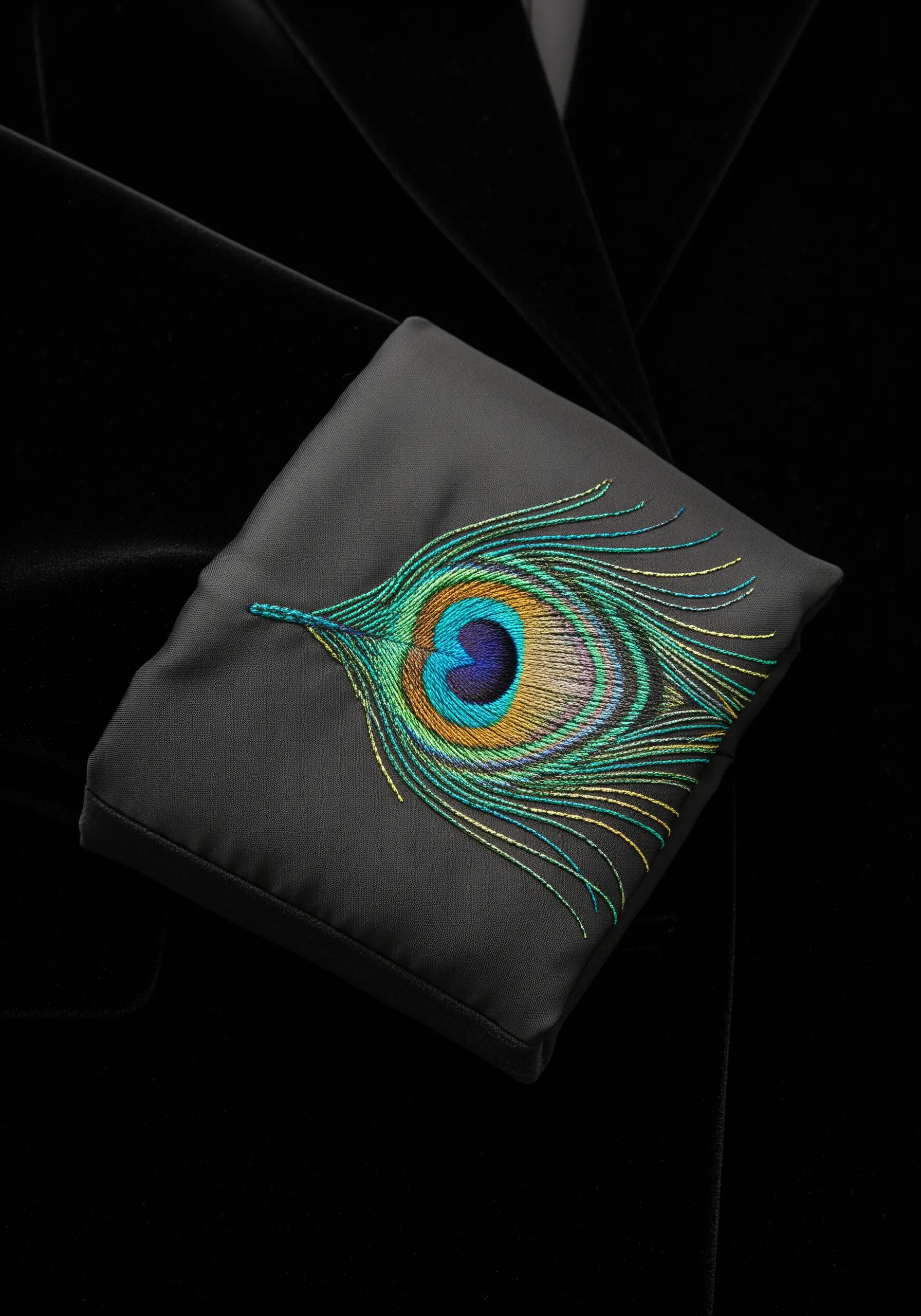 A vibrant, thread-painted peacock feather with iridescent colors on a black silk pocket square.