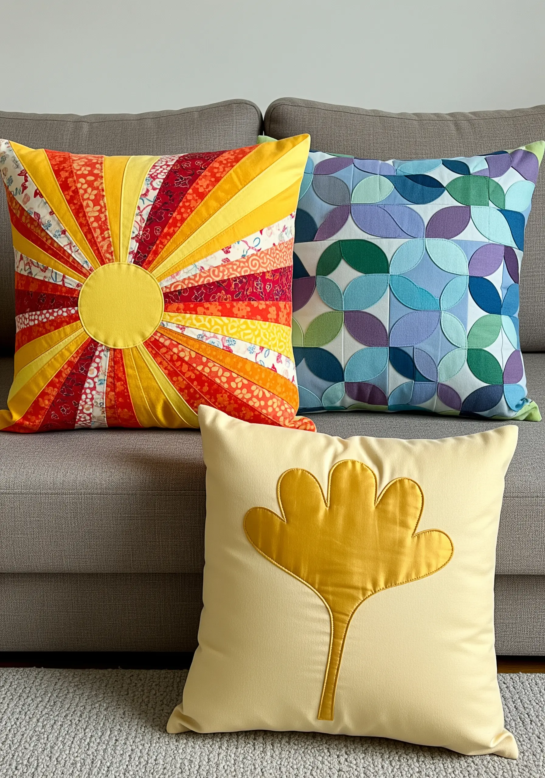 Three decorative throw pillows with different appliqué designs unified by a shared color palette.