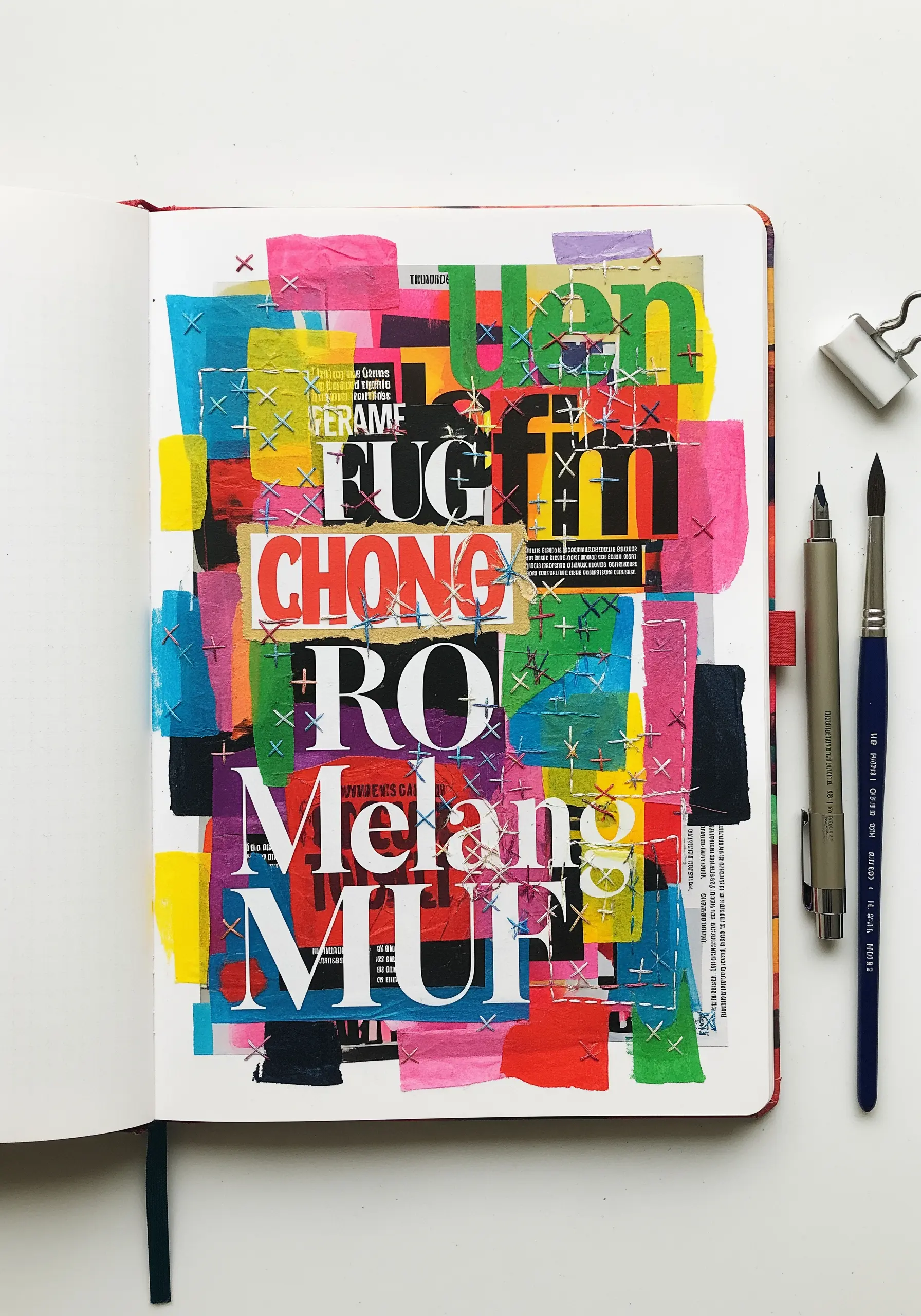 A vibrant, abstract paper and typography collage held together with large white cross stitches.