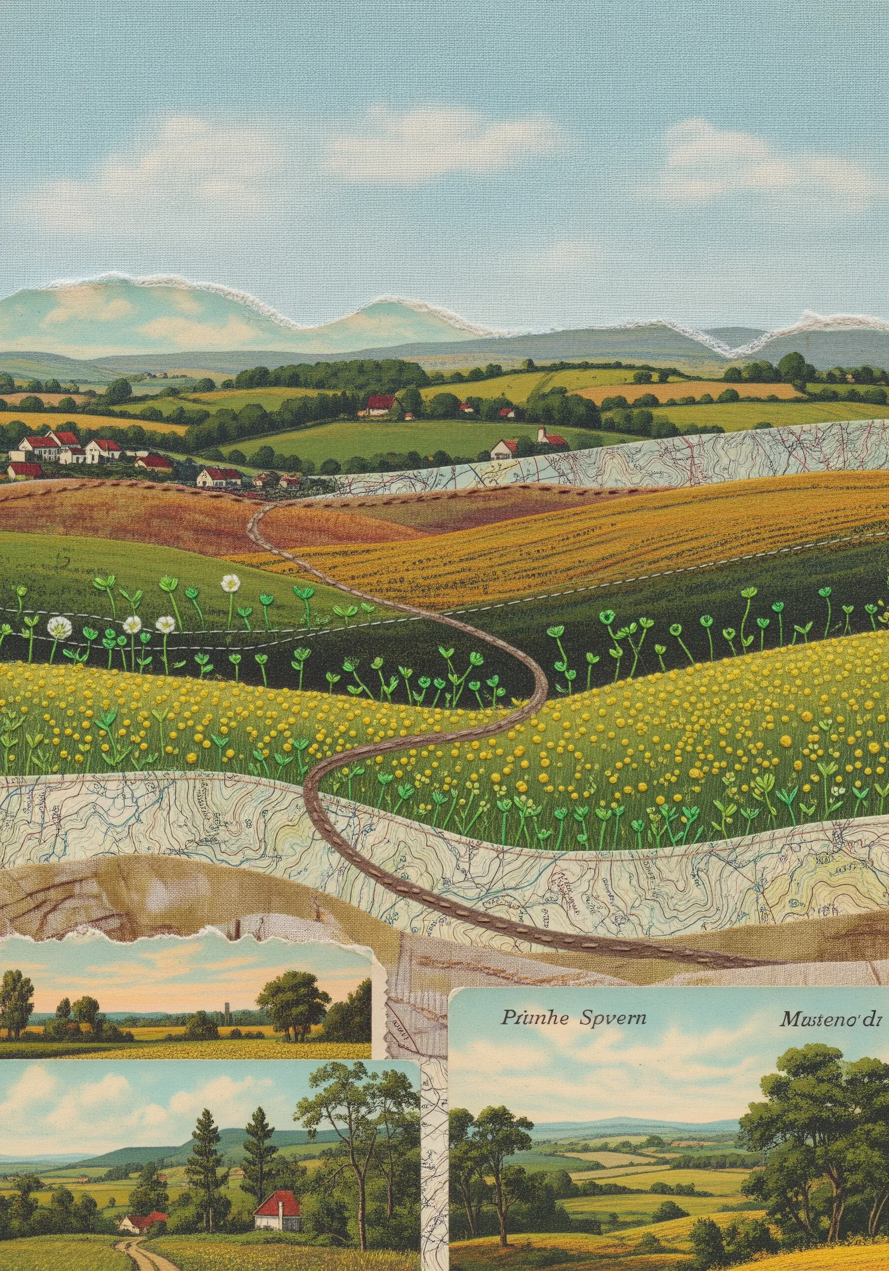 A collage landscape made from vintage maps and postcards, with a path winding through the scene.