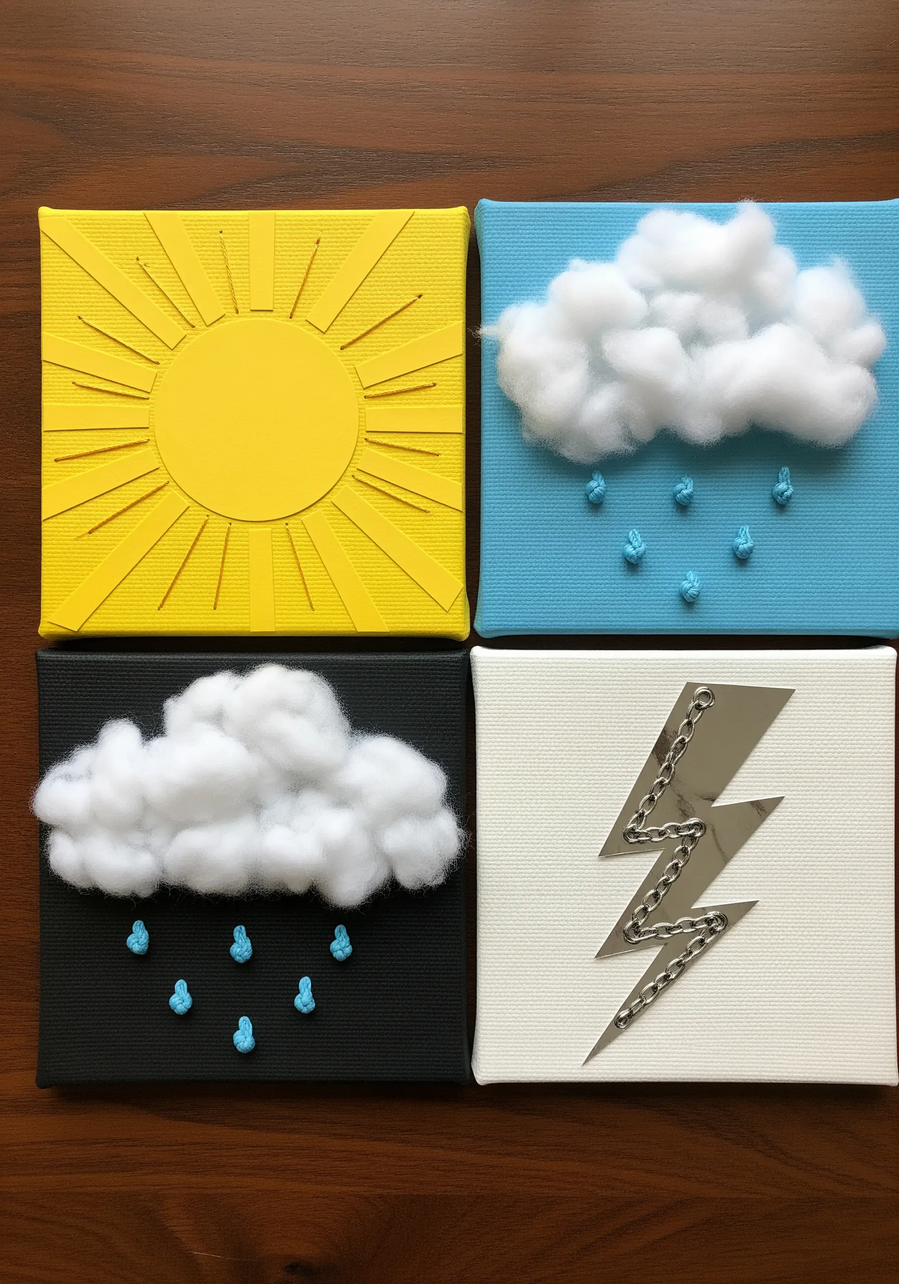 Four small canvases depicting weather, with blue French knots used for raindrops in two of them.