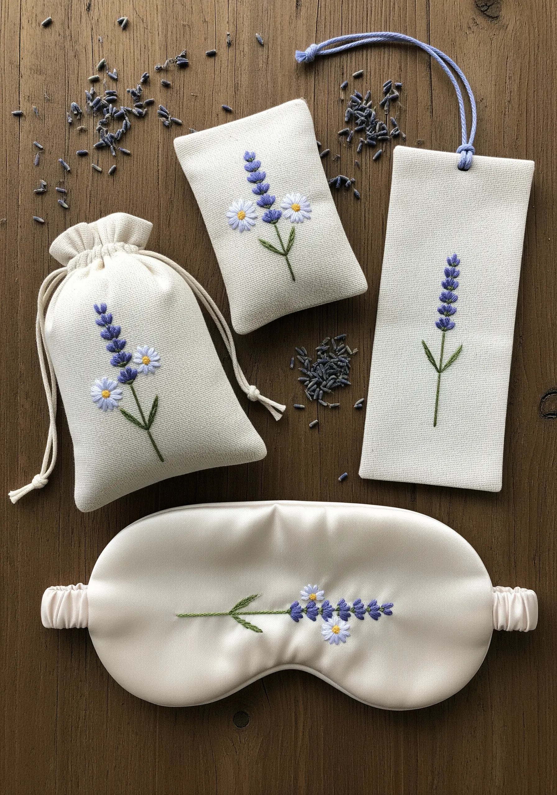 A set of embroidered lavender gifts including a sleep mask, sachet, and bookmark.