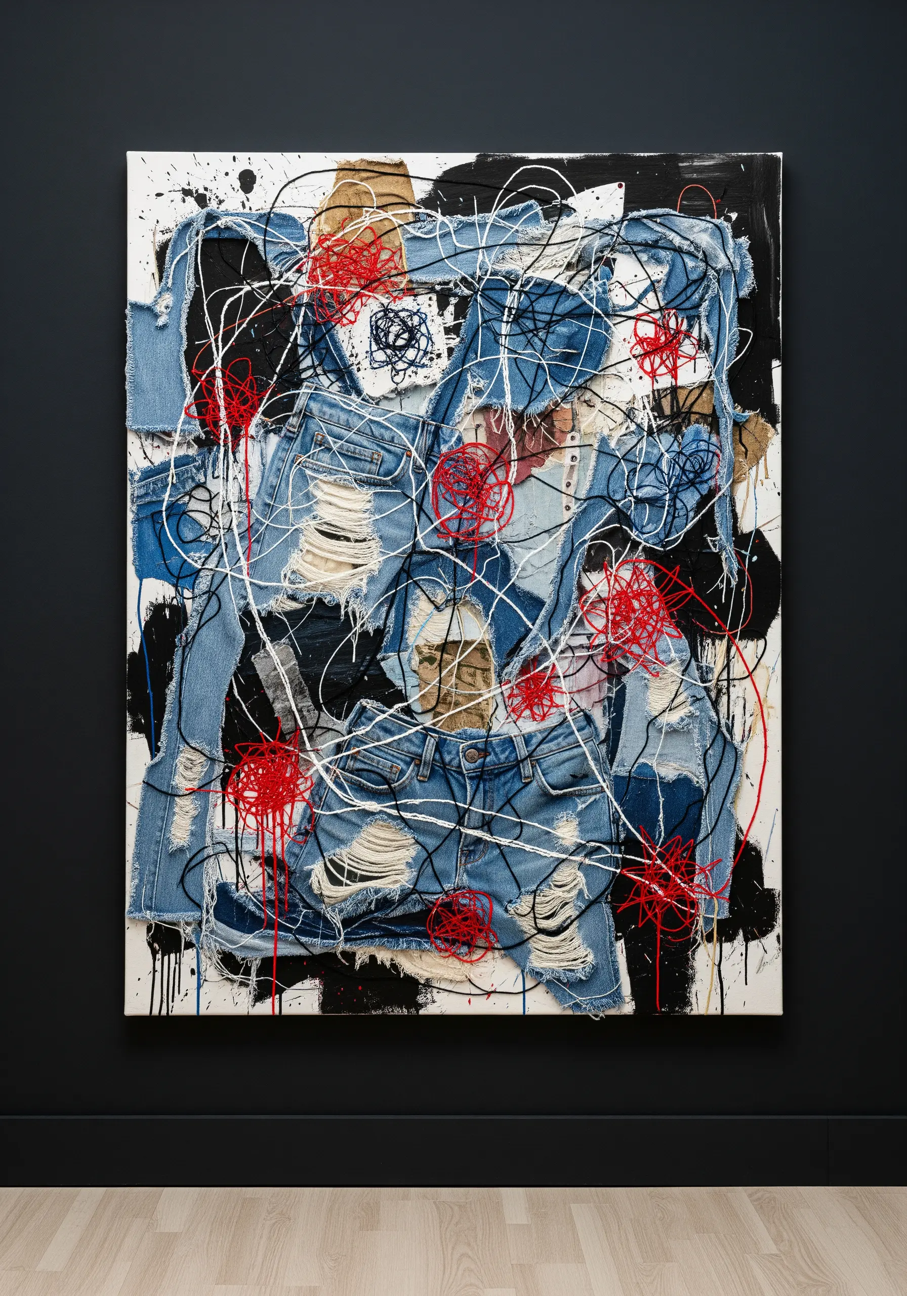 An expressive abstract collage made of ripped denim, paint, and chaotic red and white thread.