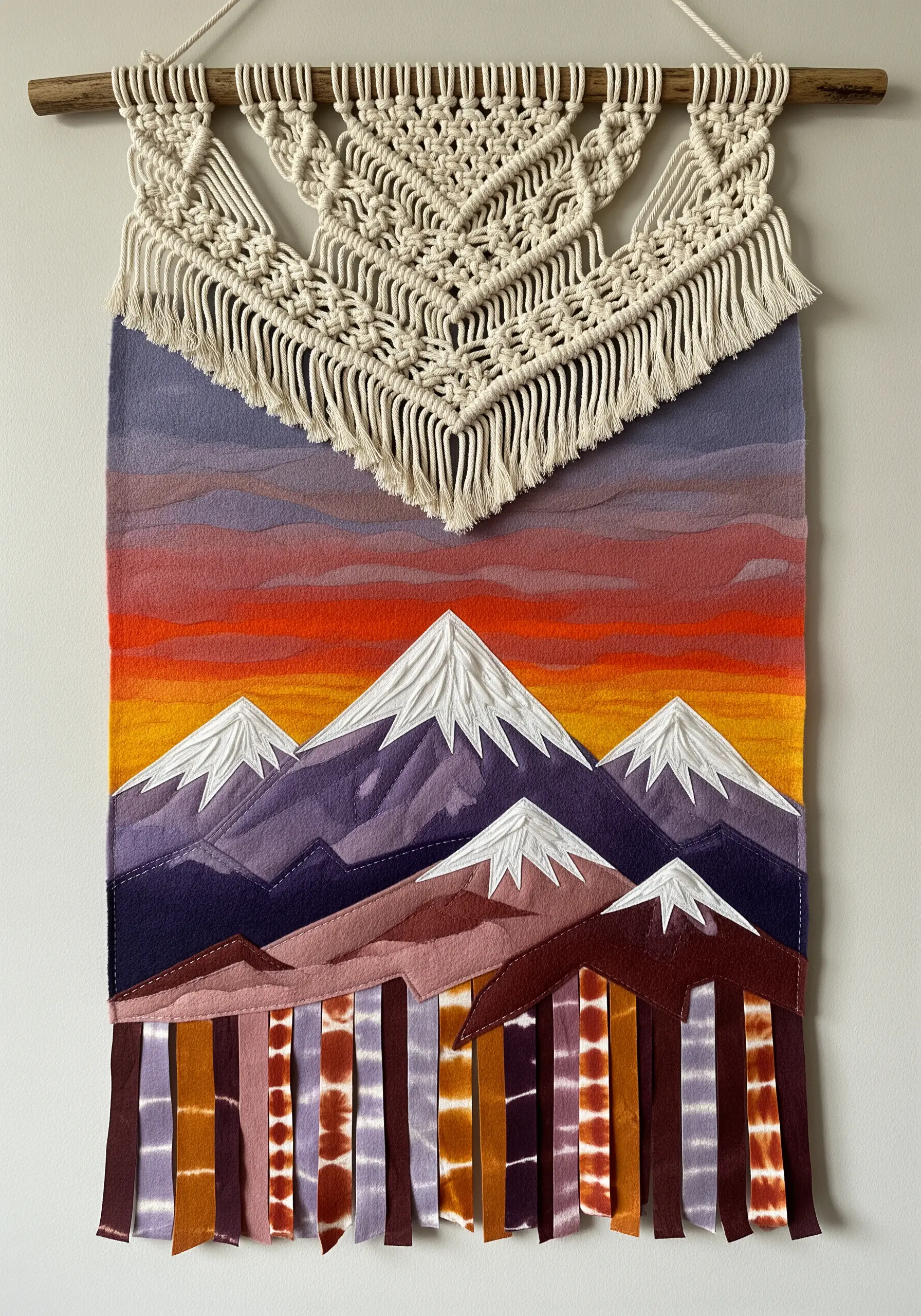 Mixed-media wall hanging with a macrame top, appliquéd mountains, and a tie-dyed fringe bottom.