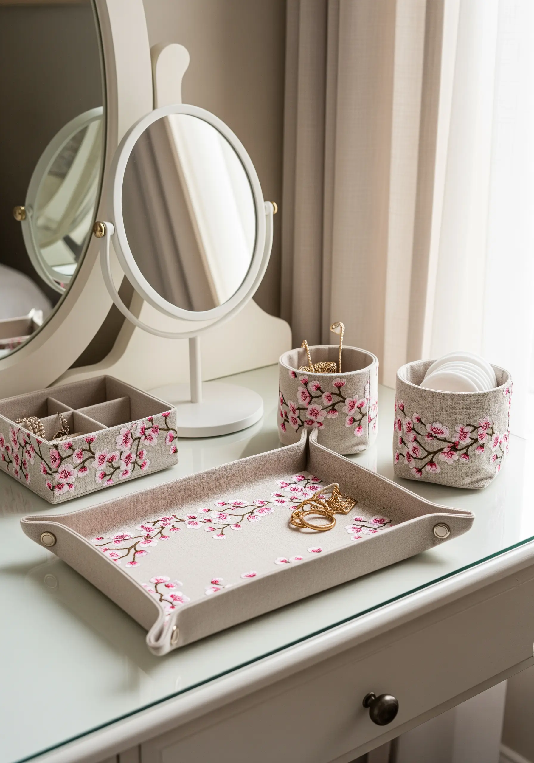 A set of matching vanity organizers embroidered with delicate pink cherry blossoms.