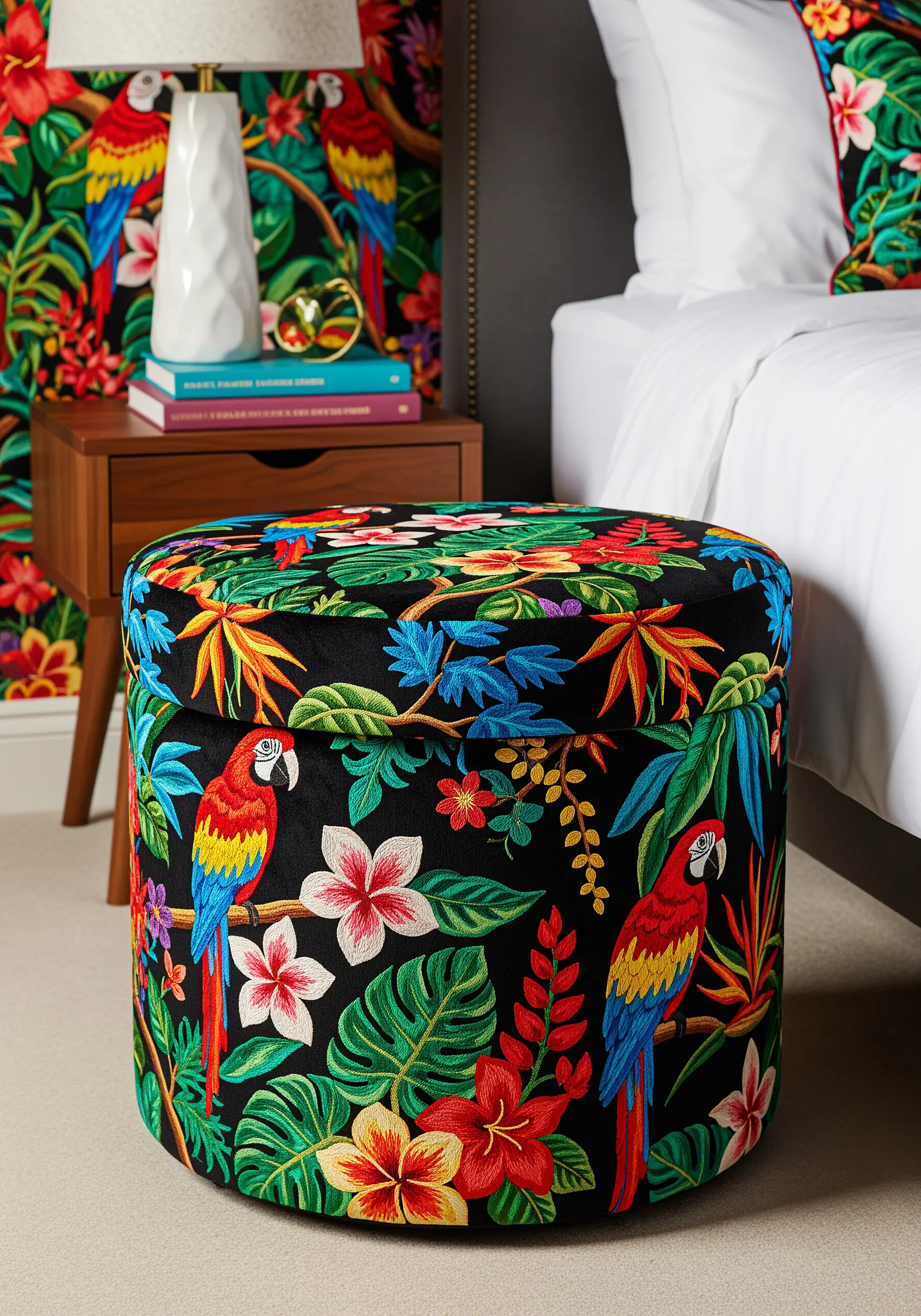 A round storage ottoman completely covered in vibrant, dense tropical embroidery.