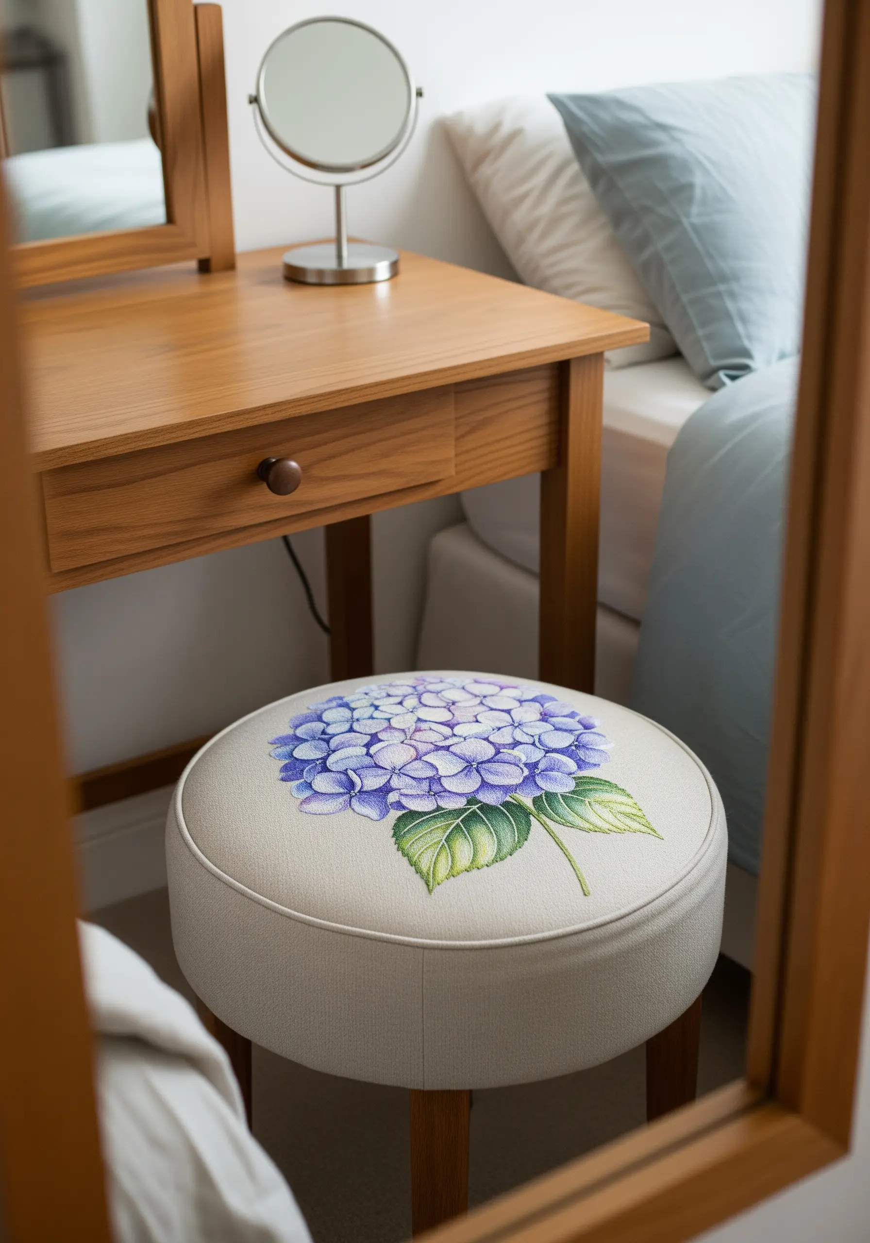 A round vanity stool with its seat upholstered in an embroidered hydrangea design.
