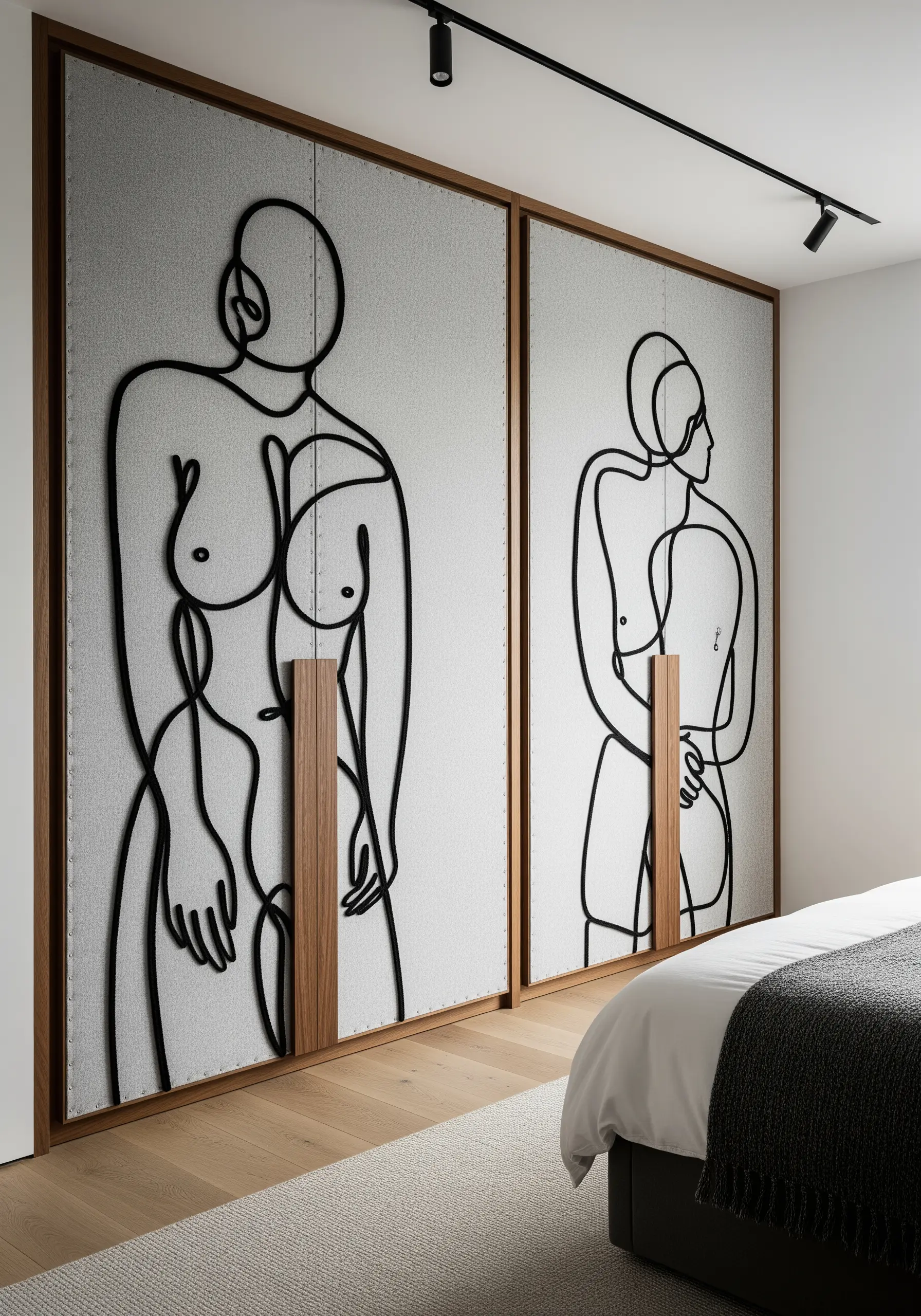 Modern wardrobe doors upholstered in light grey fabric with large, black line art figures.