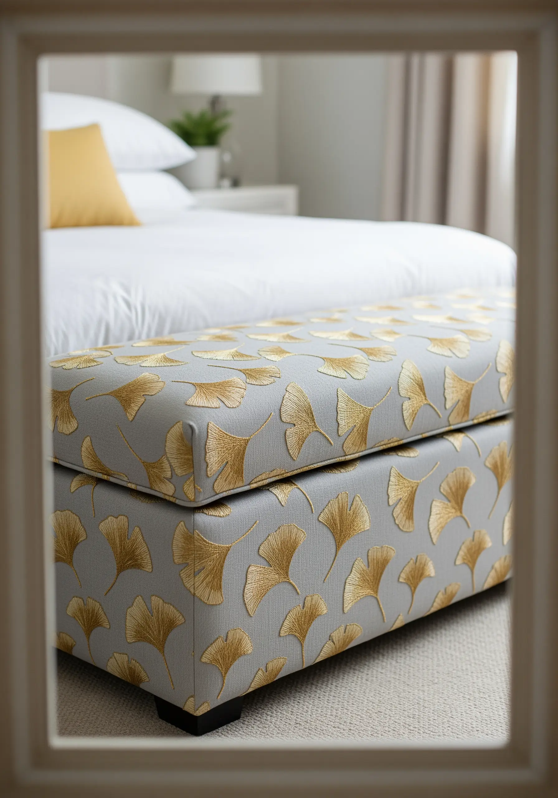 An upholstered bedroom bench with a repeating pattern of satin-stitched golden ginkgo leaves.
