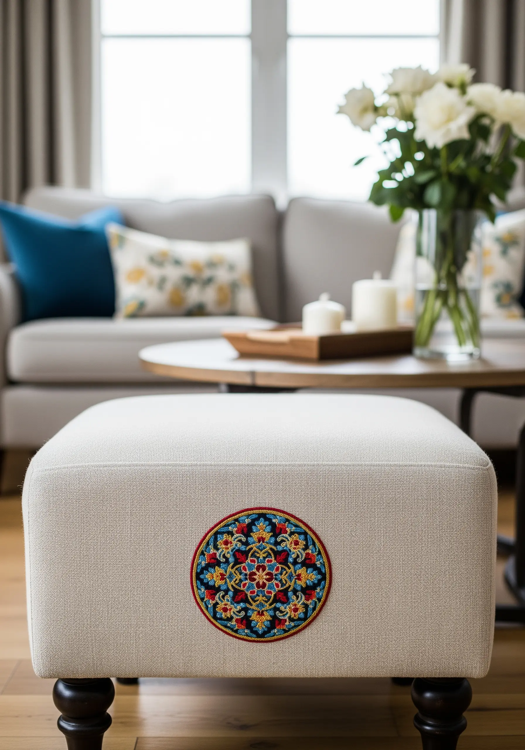 A colorful, intricate embroidered mandala patch on the side of a linen ottoman.