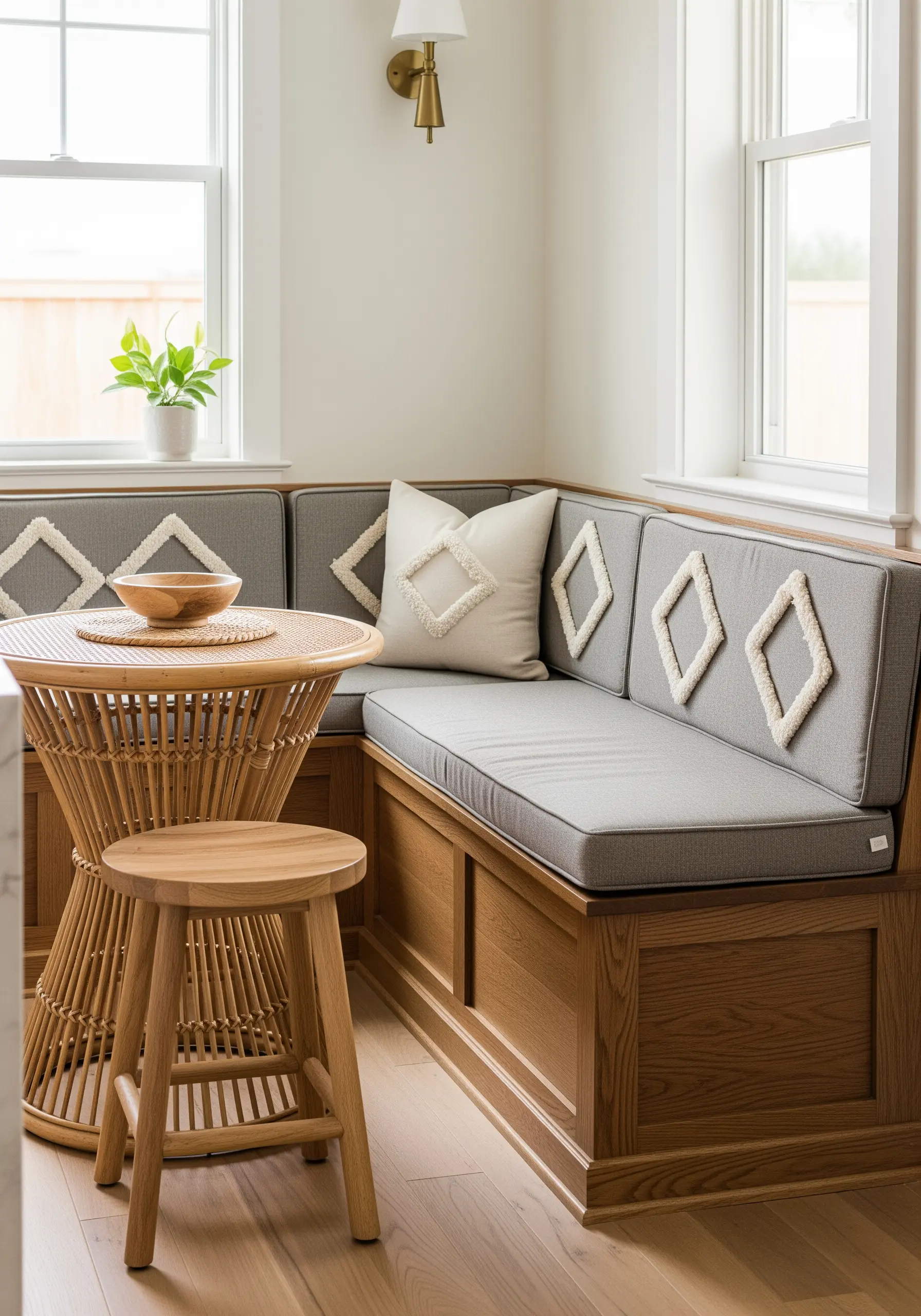 Grey upholstered bench seat with raised, tufted ivory diamond motifs.
