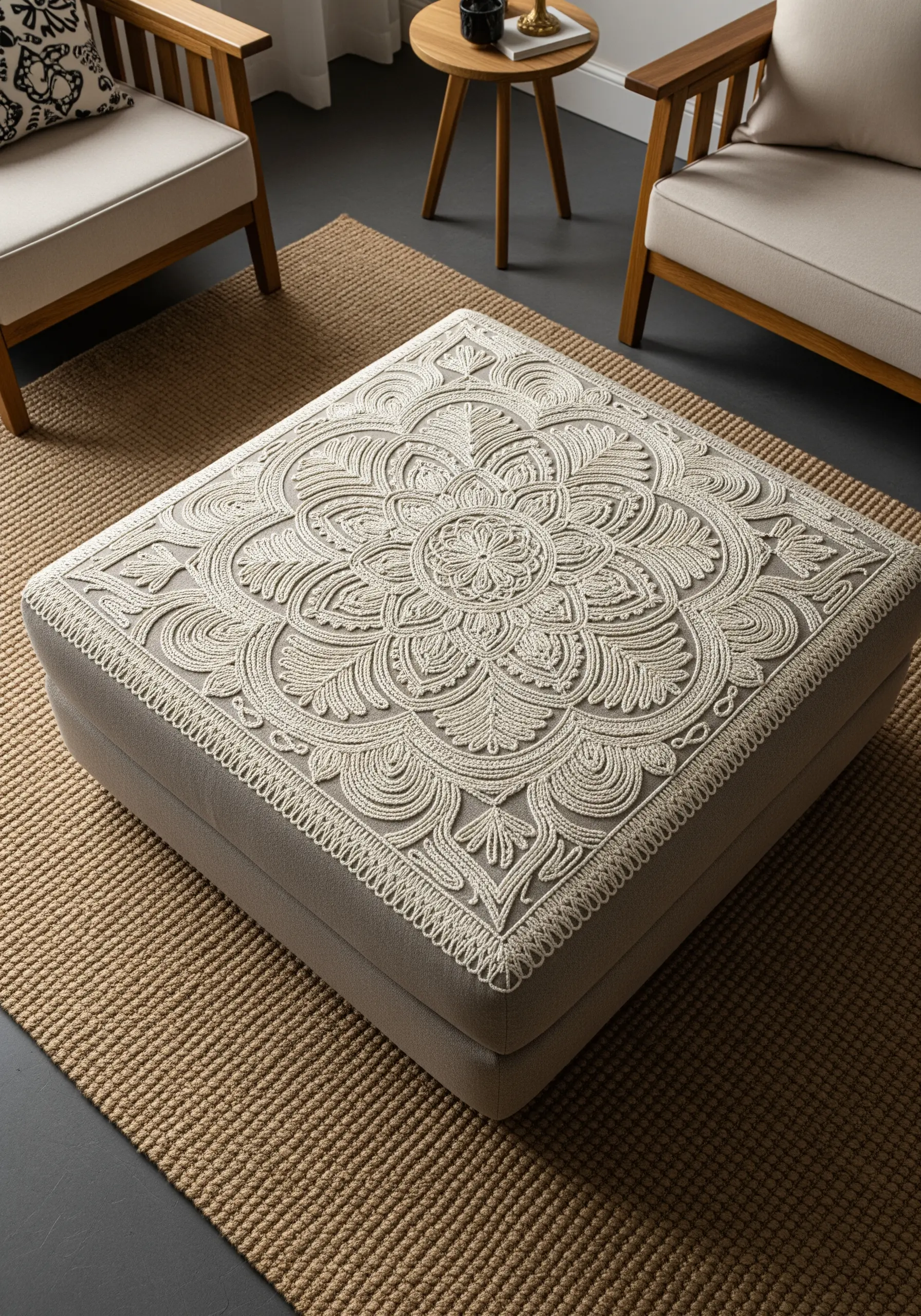 A square greige ottoman with a large, intricate ivory mandala embroidered on top.