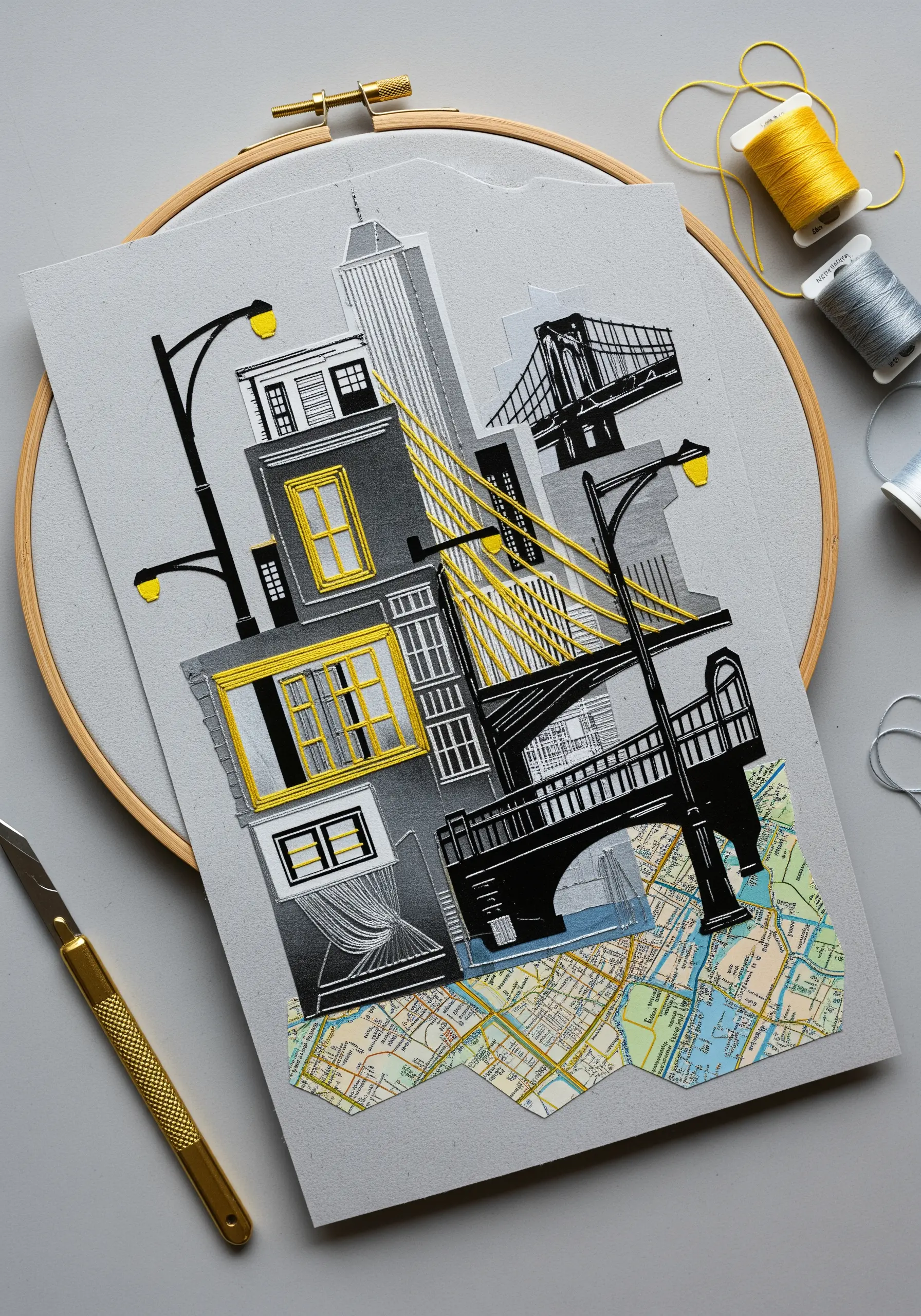 Cityscape collage of paper cutouts and maps, with yellow thread accenting bridge cables and windows.