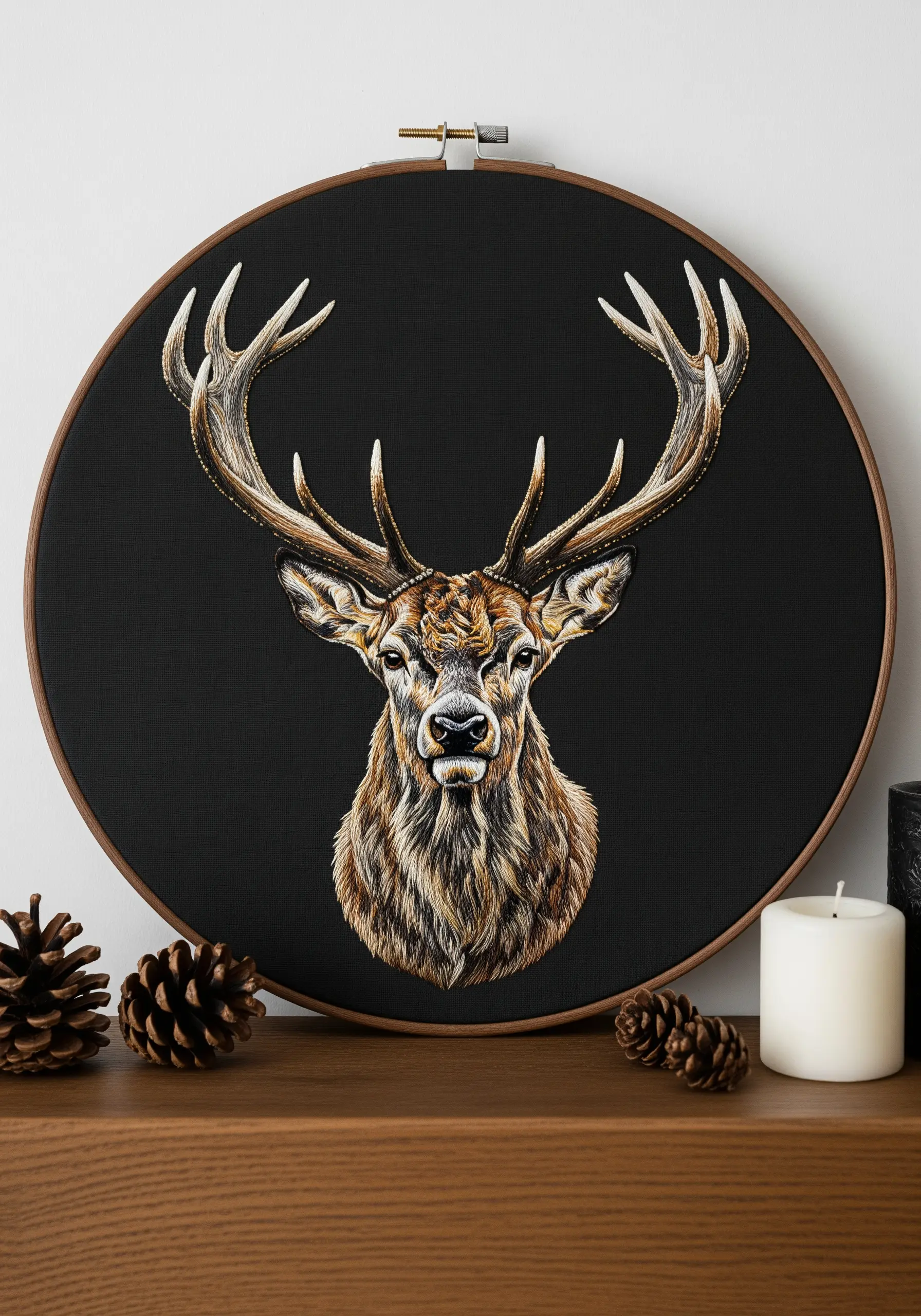 A realistic thread-painted stag portrait embroidered on a black fabric background.