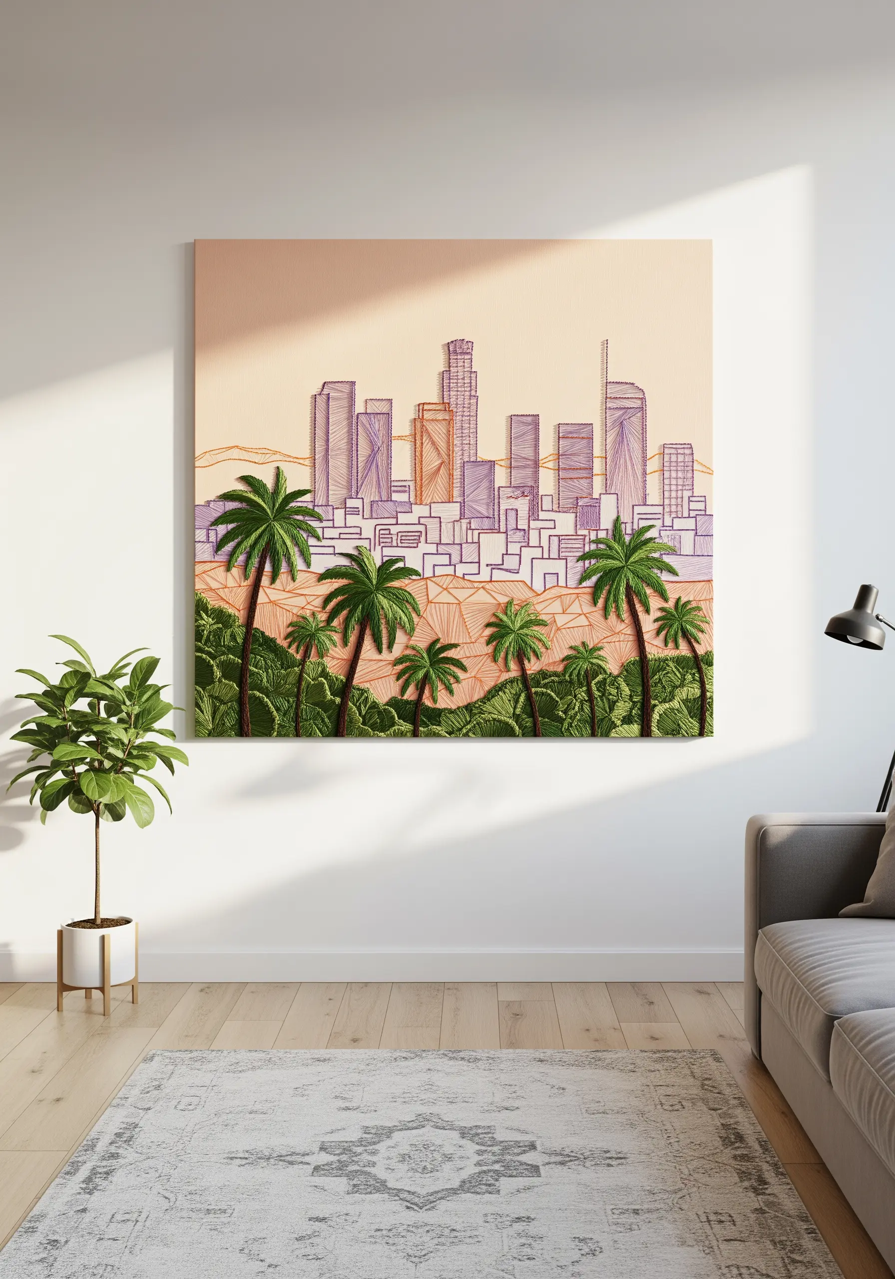 Los Angeles skyline embroidered on a peach and orange gradient fabric, with green palm trees in front.