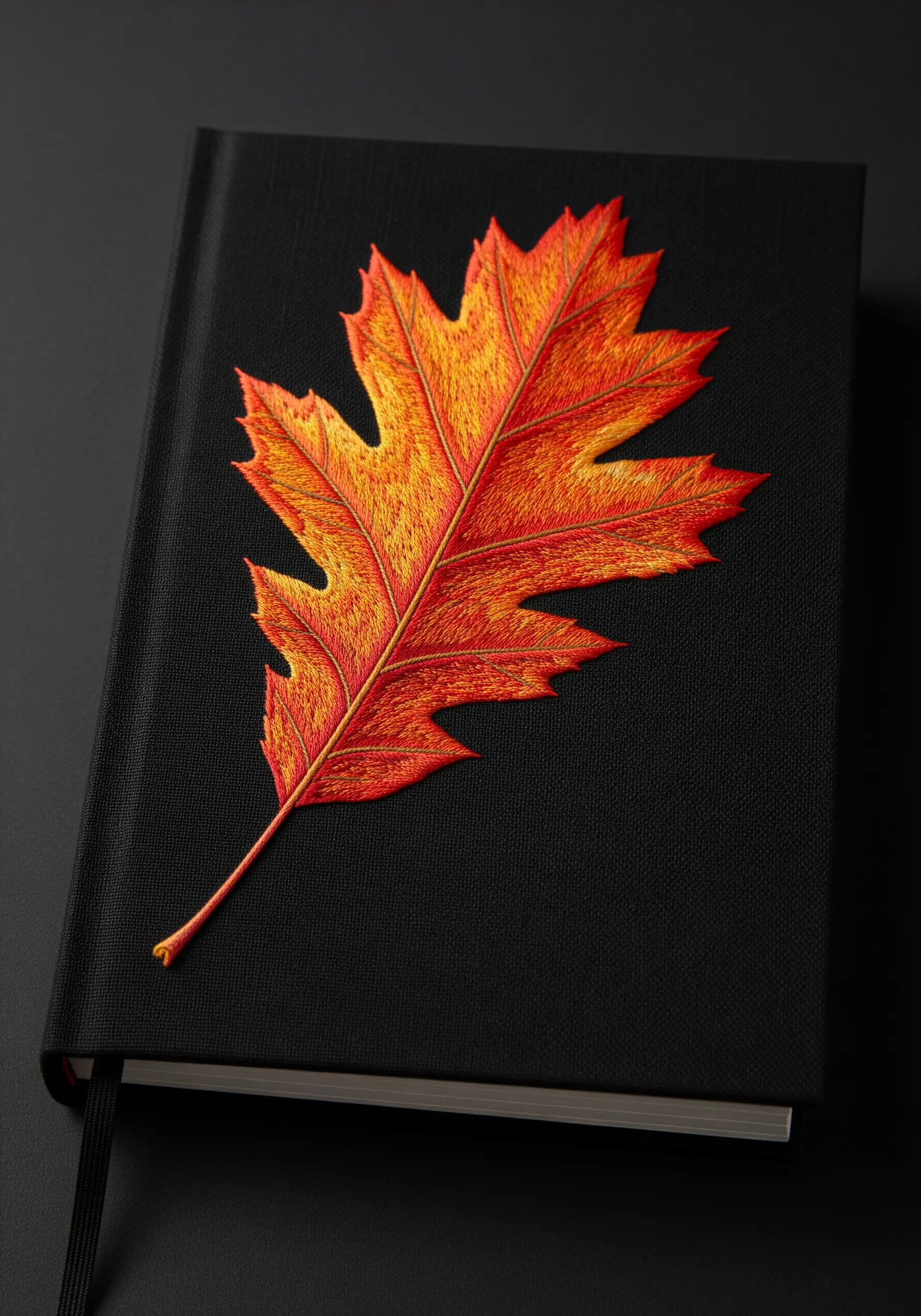 A hyper-realistic embroidered oak leaf in fiery autumn colors on a black book.