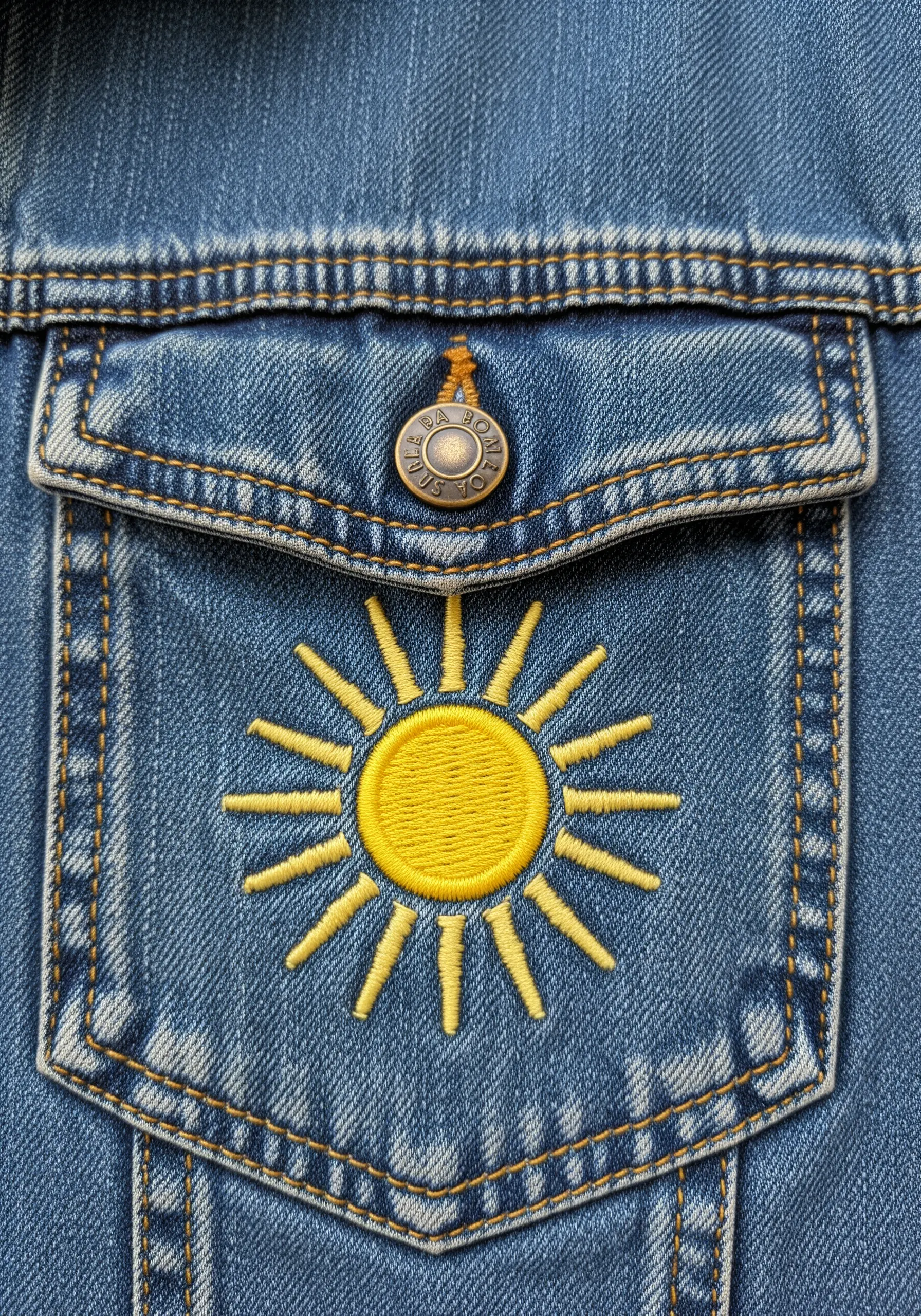 A bright yellow sun with satin stitch and straight stitch rays on a denim jacket pocket.