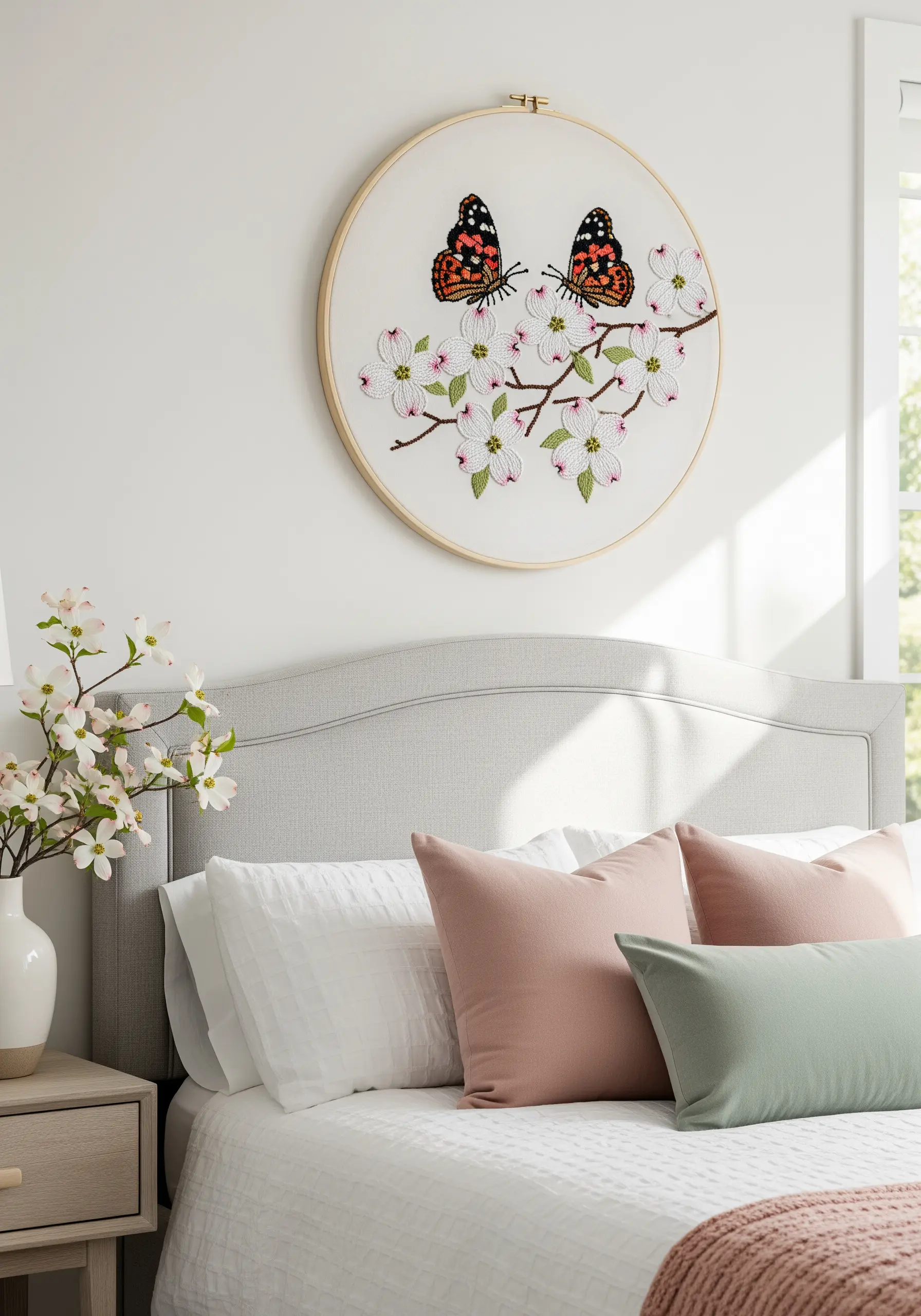 An oversized embroidery hoop displaying a delicate dogwood branch and two butterflies.