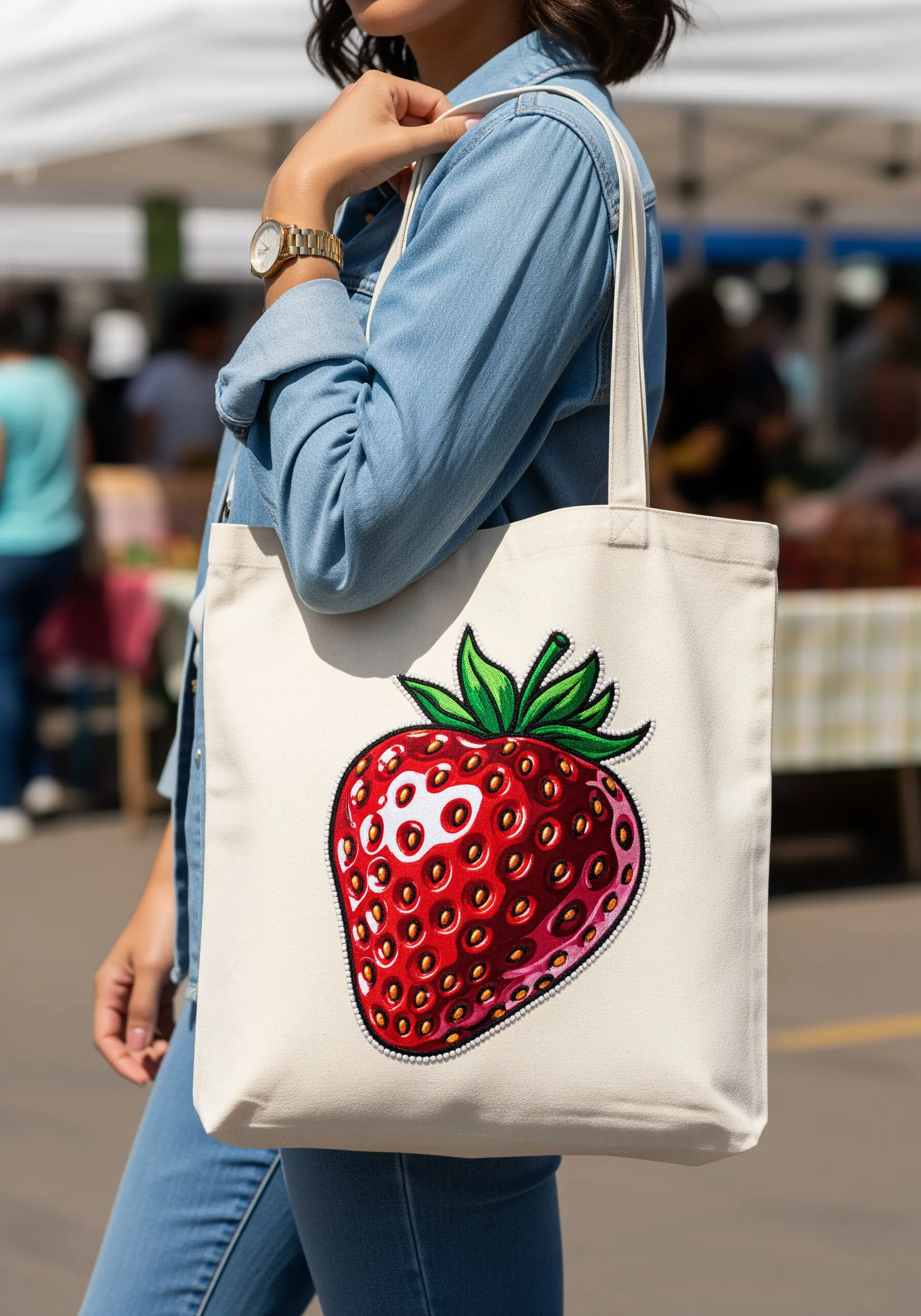 A large, vibrant strawberry with appliqué and embroidery on a canvas tote bag.