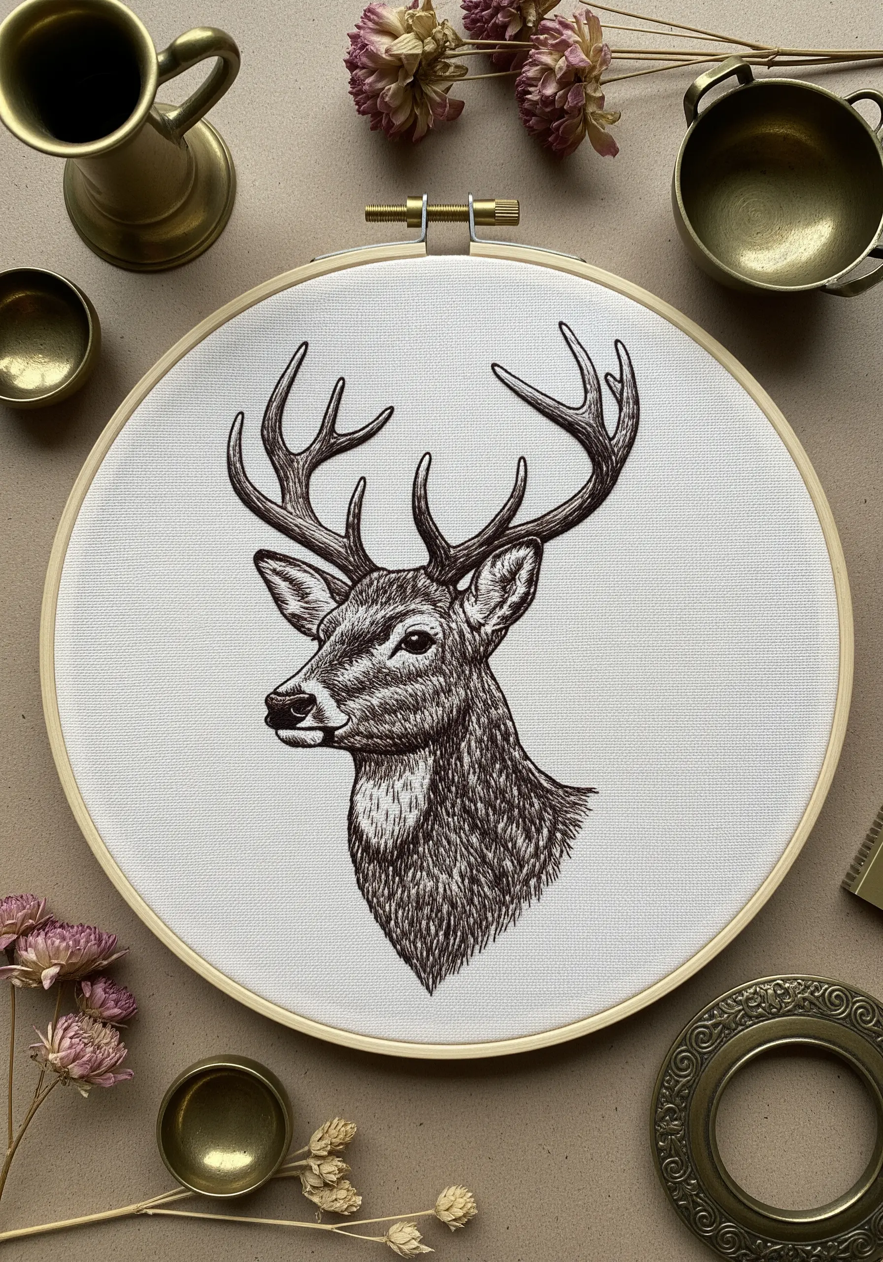 A deer portrait created with blackwork style hatching and cross-hatching stitches