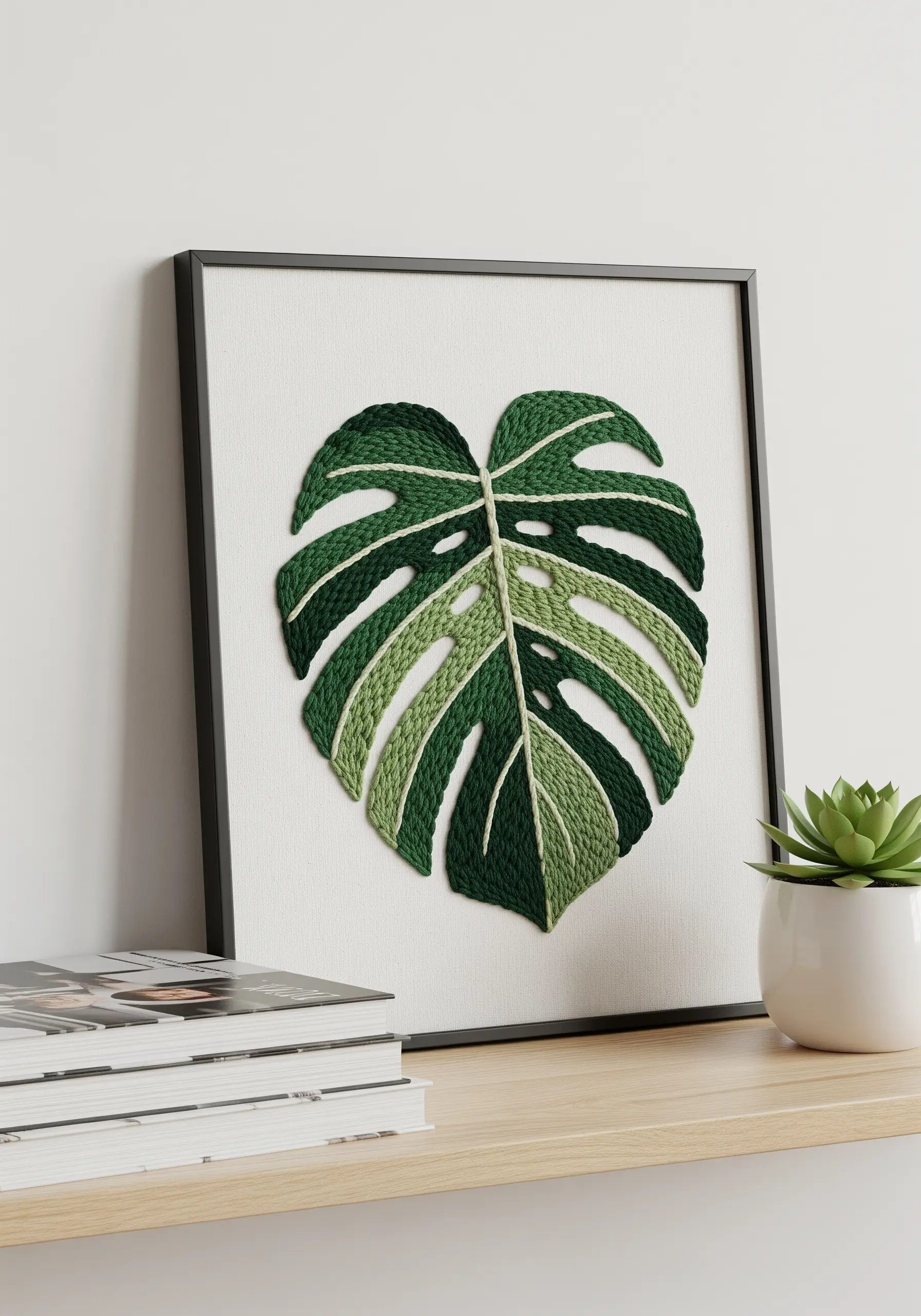 Framed embroidery of a Monstera leaf with green and white color blocking.
