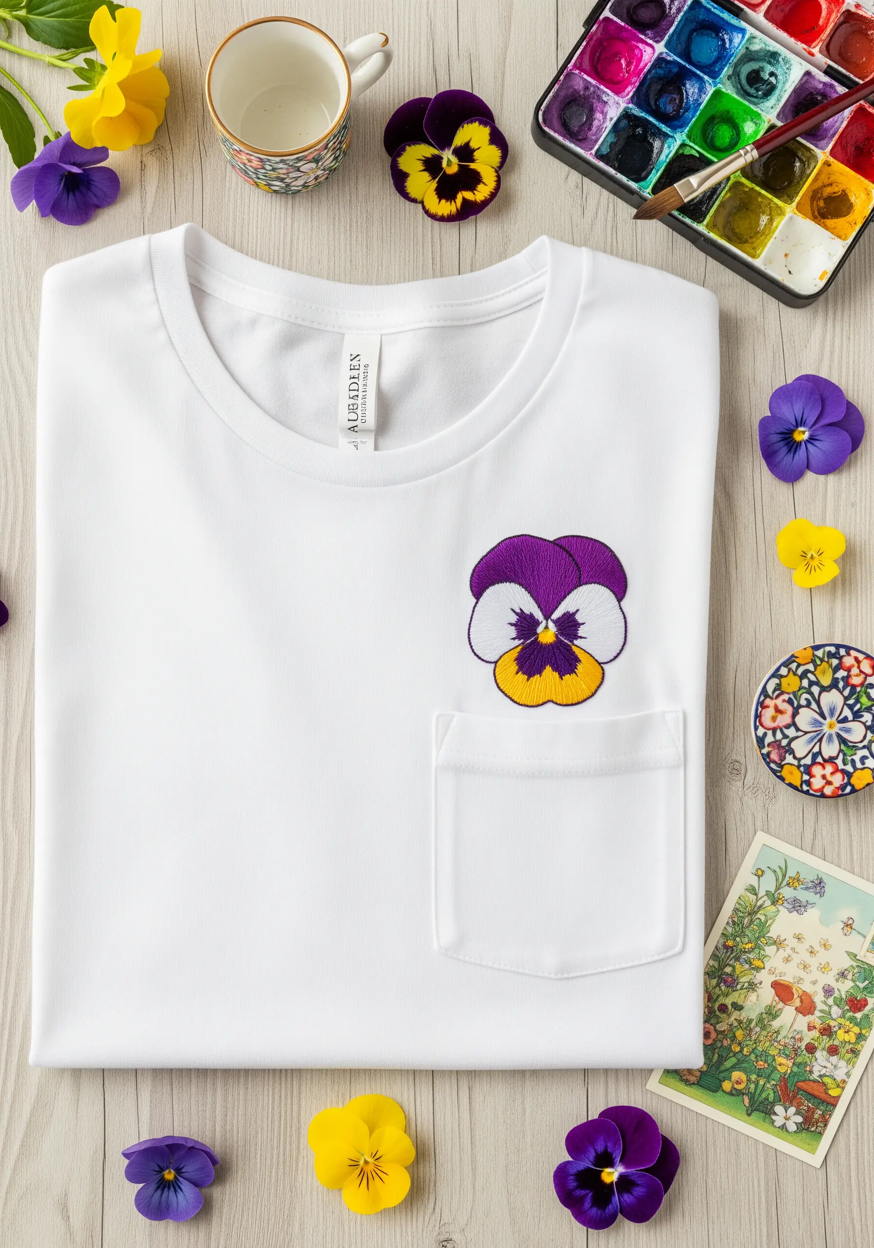A purple, violet, and yellow pansy embroidered on a t-shirt pocket.