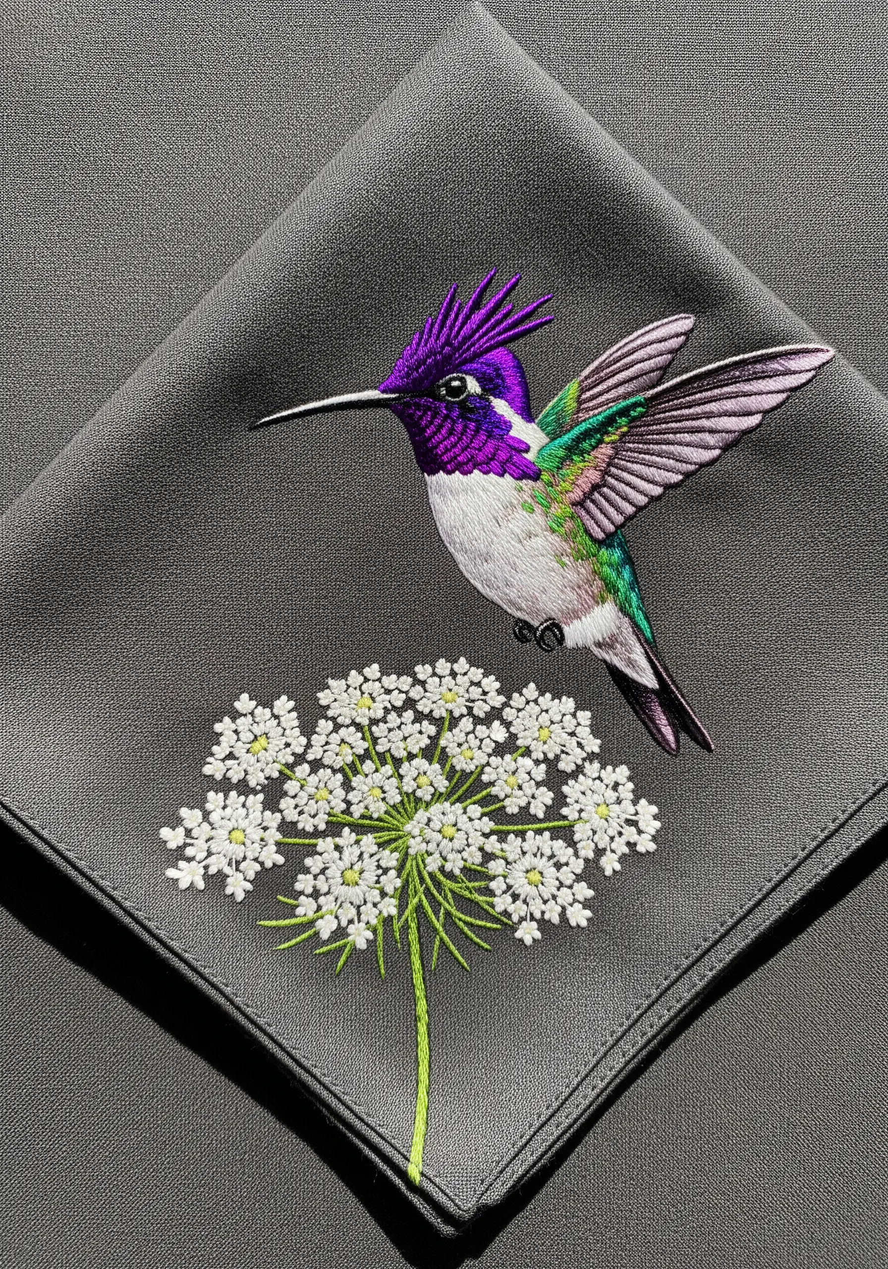 Vibrant purple-crested hummingbird over Queen Anne's Lace on dark gray fabric.