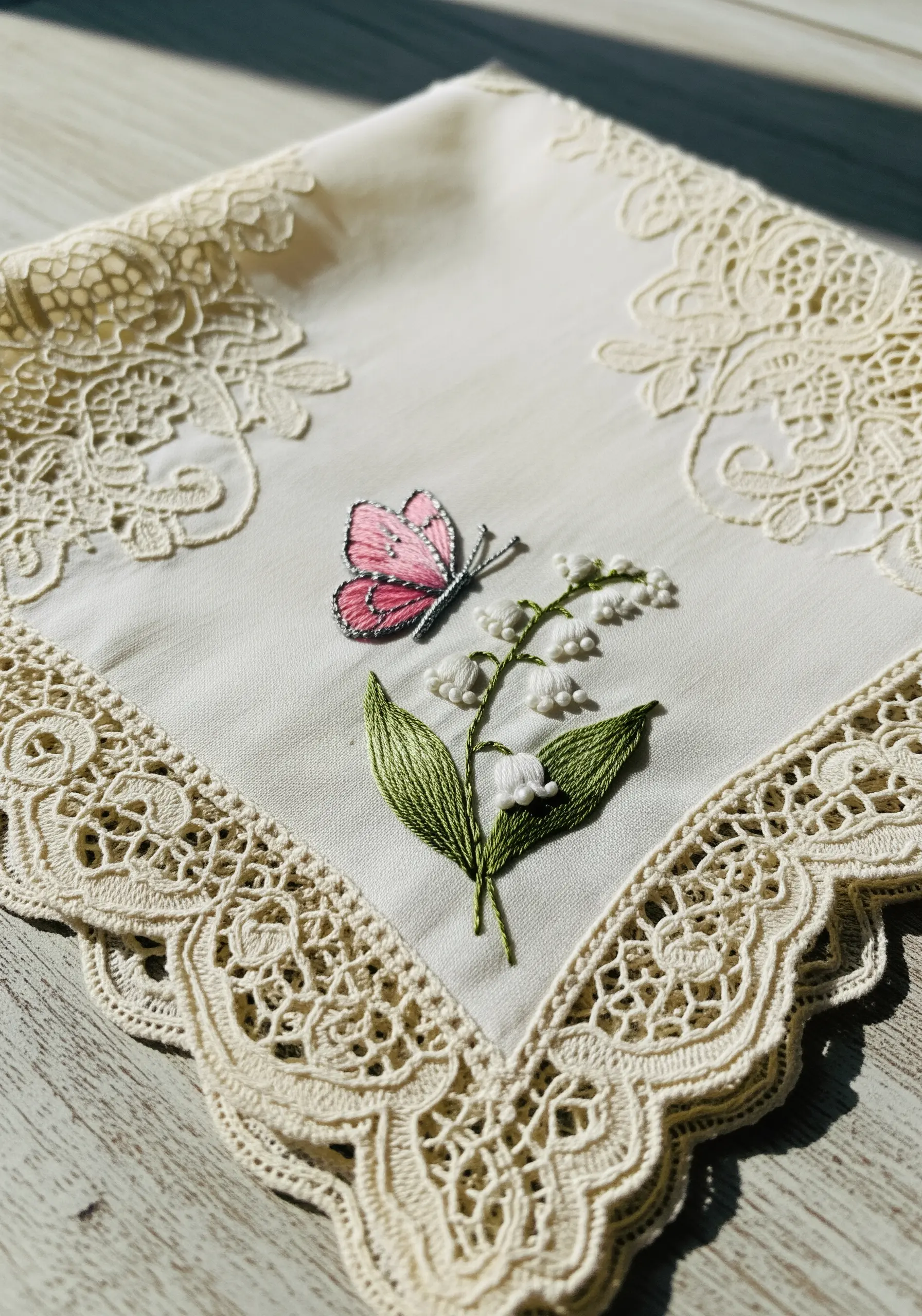 A tiny pink butterfly and lily of the valley embroidered on the corner of a vintage lace handkerchief.
