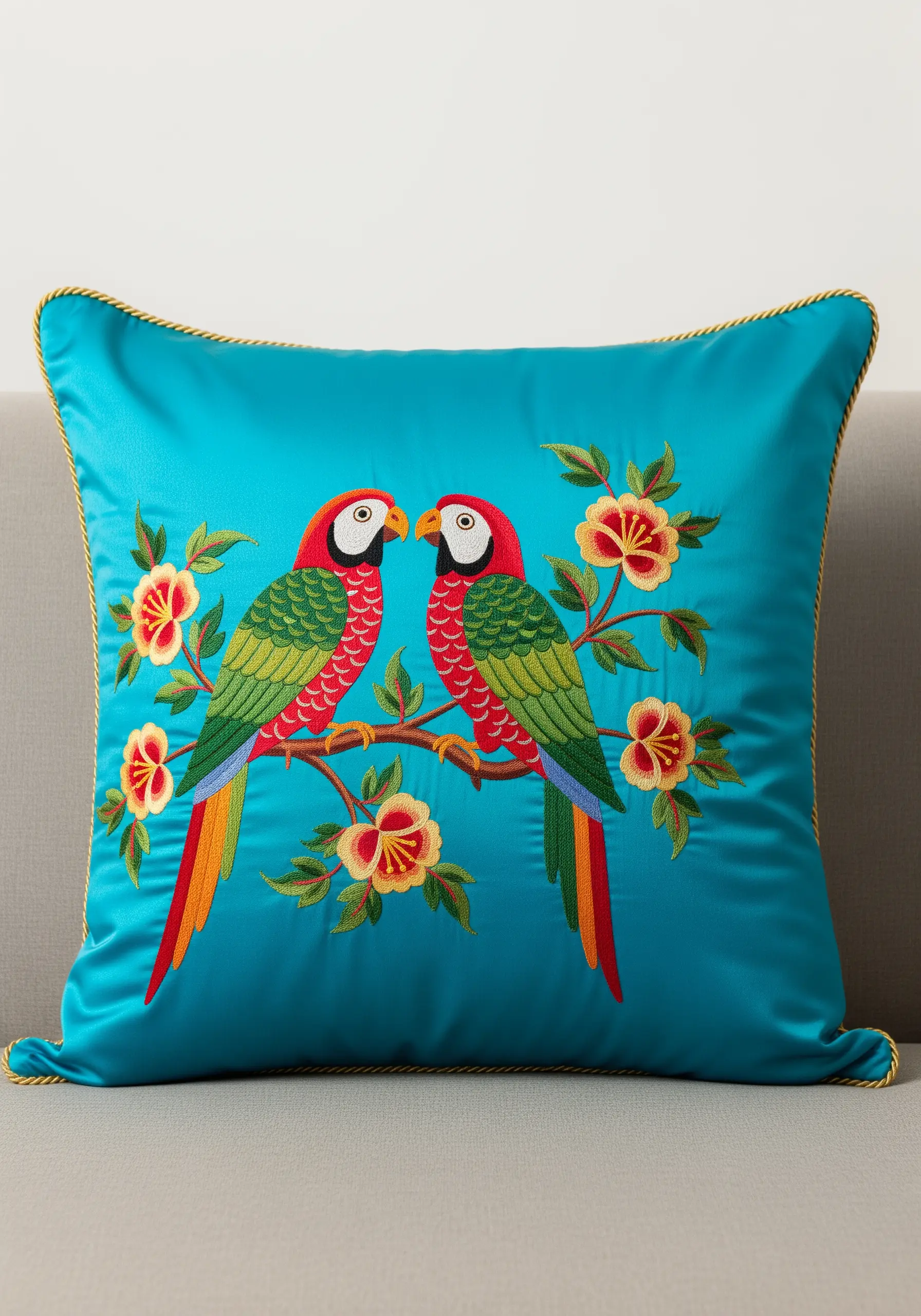 Two embroidered parrots on a turquoise satin cushion with directional satin stitch