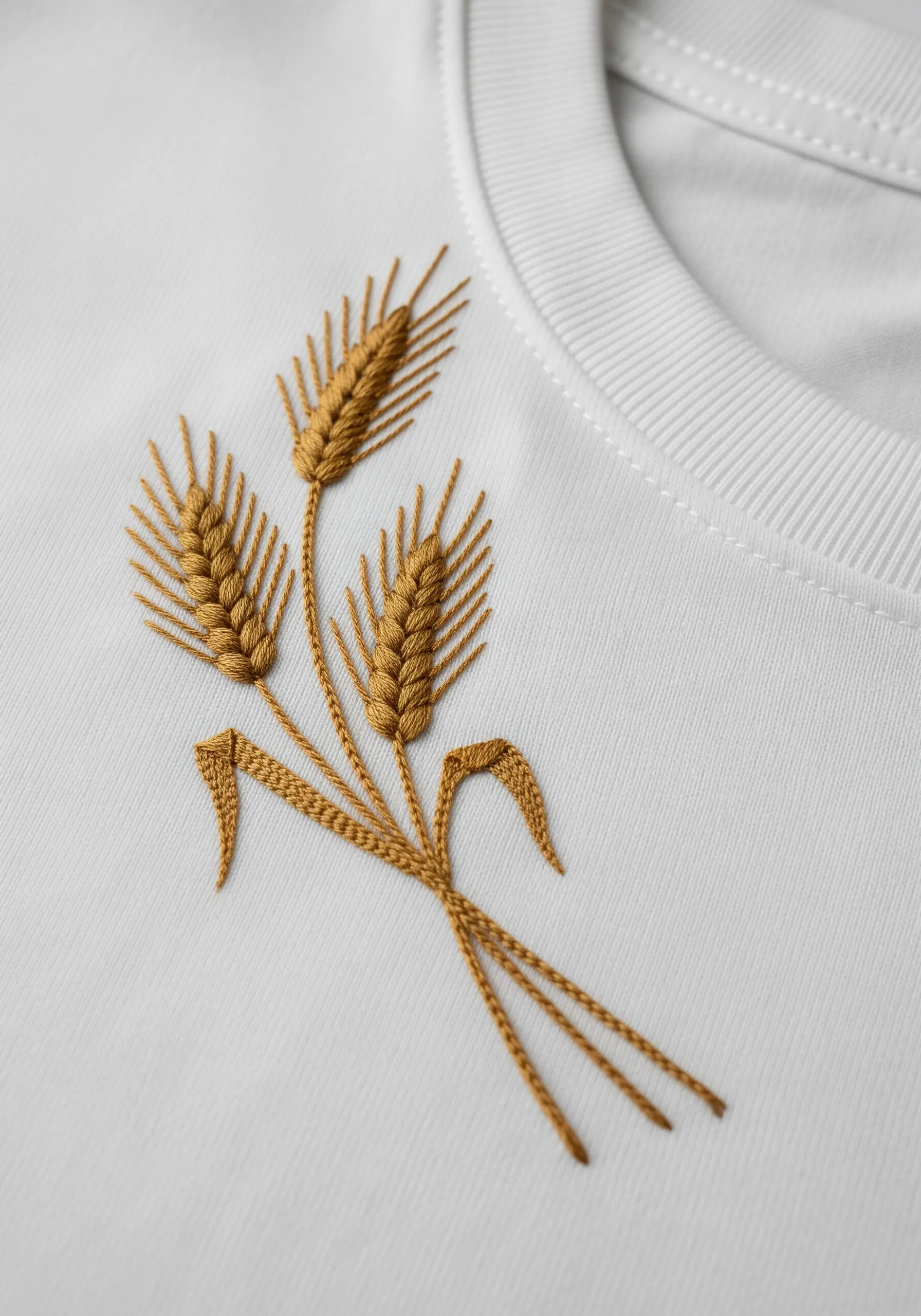 Three stalks of wheat embroidered in golden thread near the t-shirt collar.